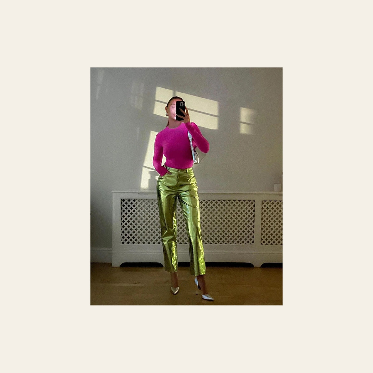 Green Metallic Trouser on a warm cream background