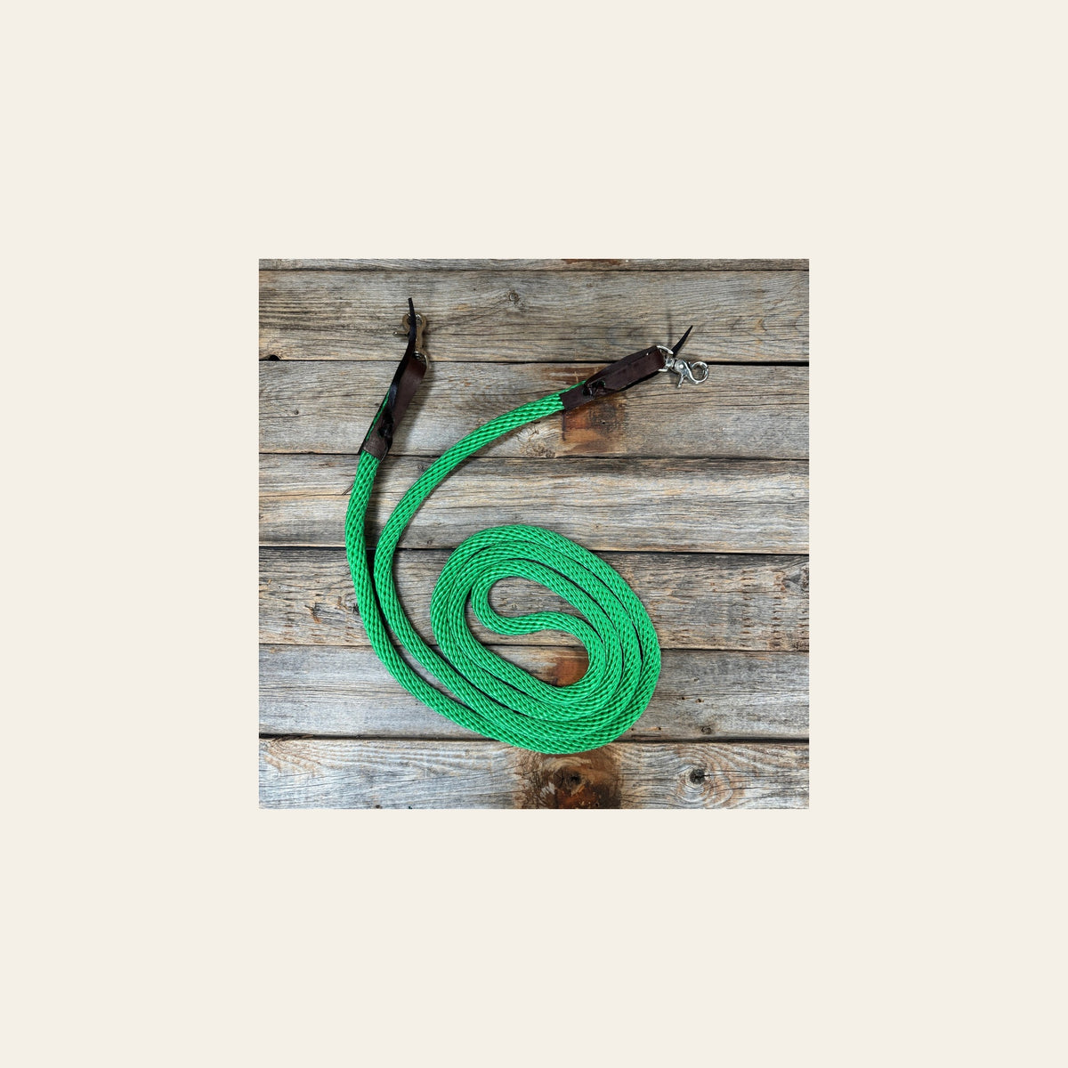 Green Nylon Barrel Racing Reins #NR105 on a warm cream background