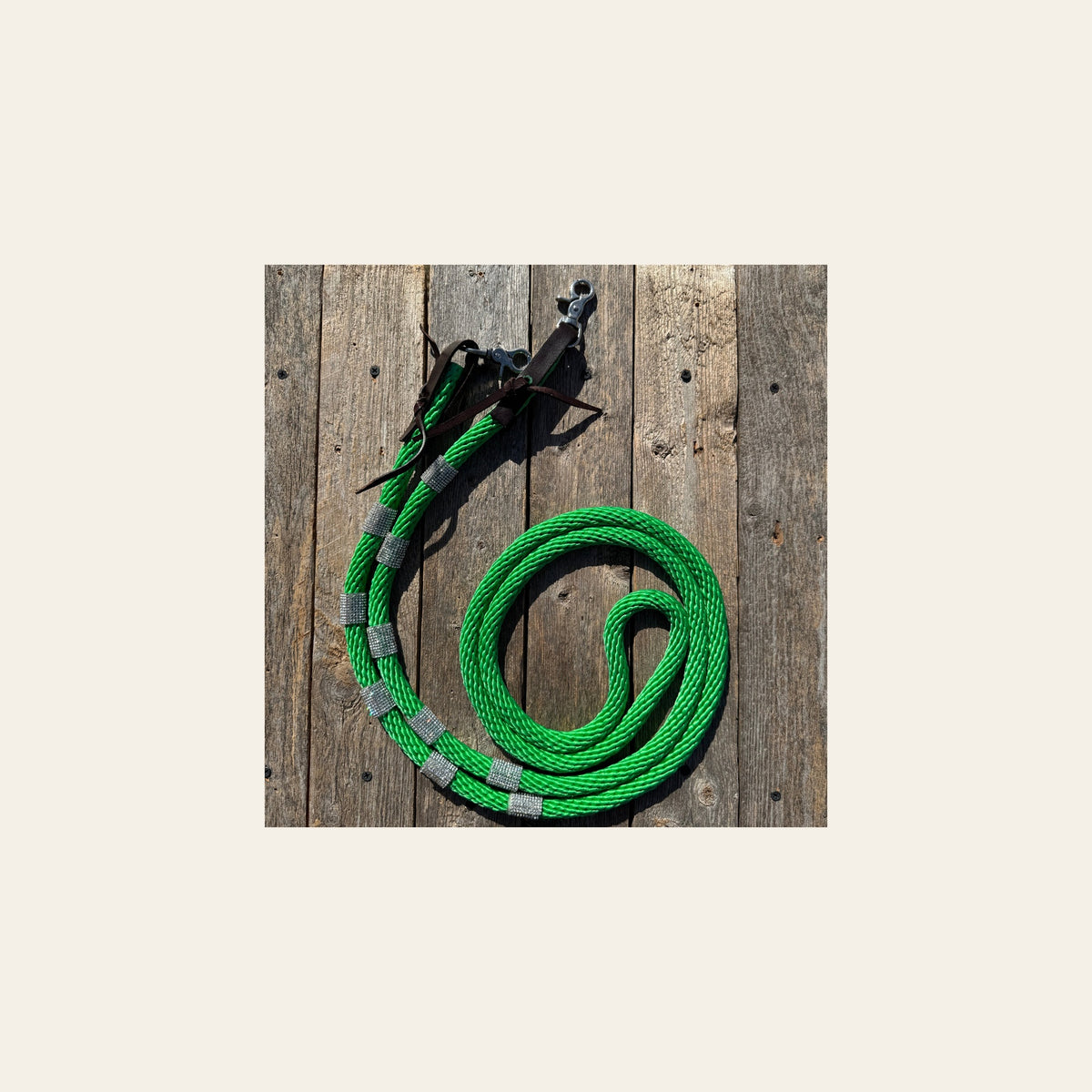 Green Nylon Barrel Racing Reins with Rhinestones #BNR106 on a warm cream background