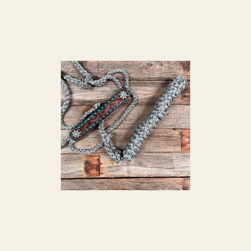 Grey Mule Tape Halter - Turquoise Sunflower #MT206 on a warm cream background
