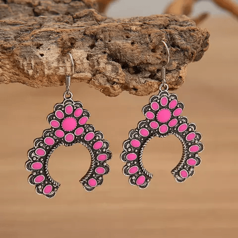 Pink Dangle Silver Squash Blossom Fashion Earrings WA194