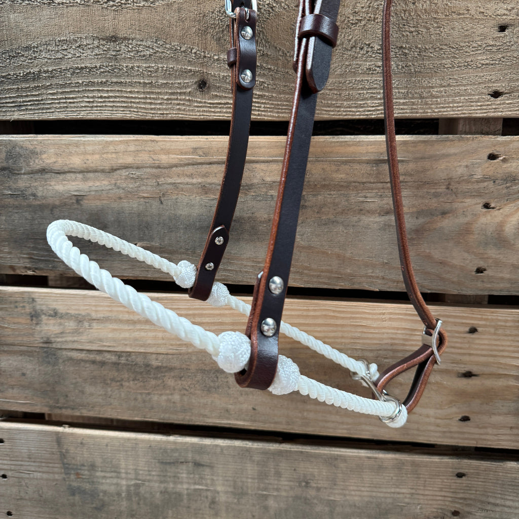 White Single Rope Noseband Lariat with Leather Hanger #HAN106 — view 2