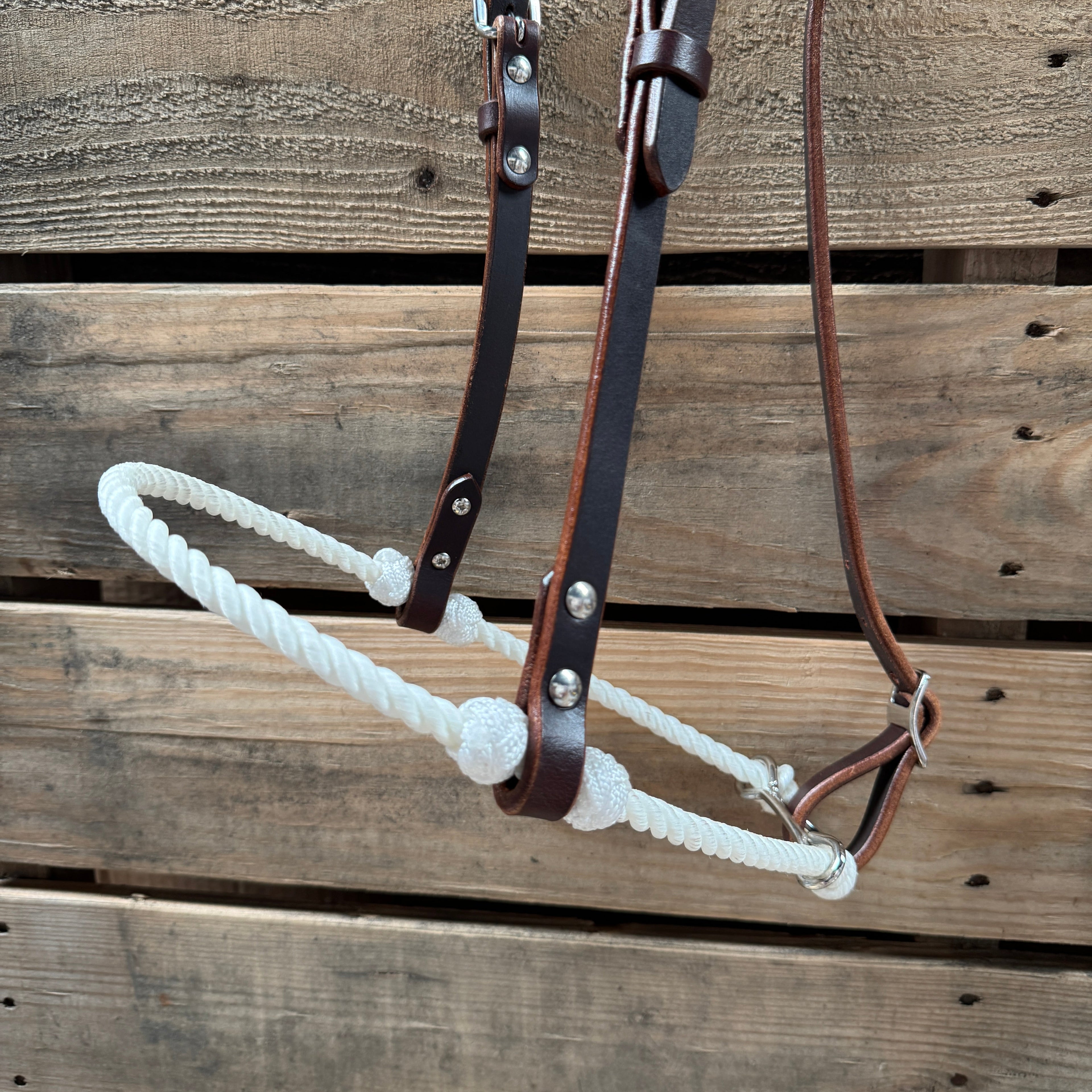 White Single Rope Noseband Lariat with Leather Hanger #HAN106 — view 2