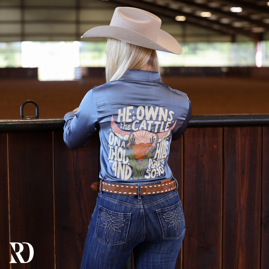 He Owns The Cattle Dusty Blue Satin Performance Rodeo Shirt — view 2