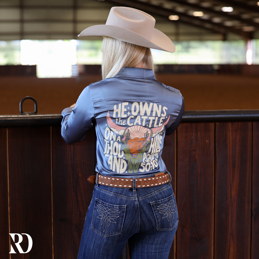 He Owns The Cattle Dusty Blue Satin Performance Rodeo Shirt — view 2