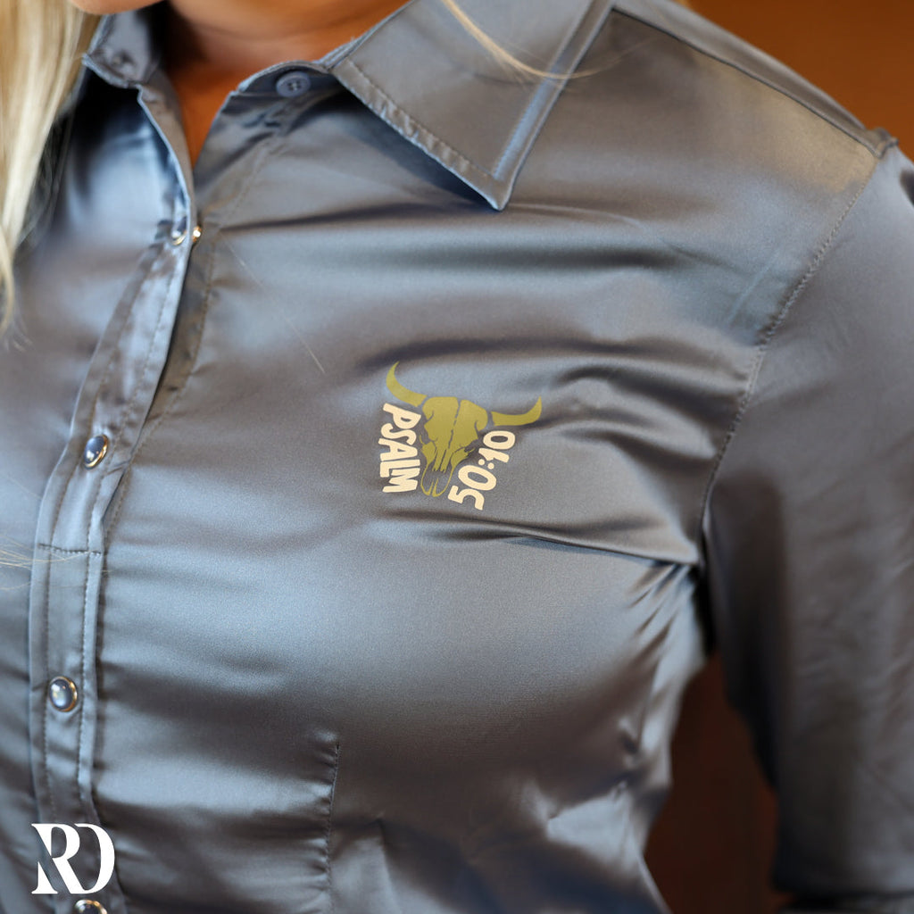 He Owns The Cattle Dusty Blue Satin Performance Rodeo Shirt — view 3