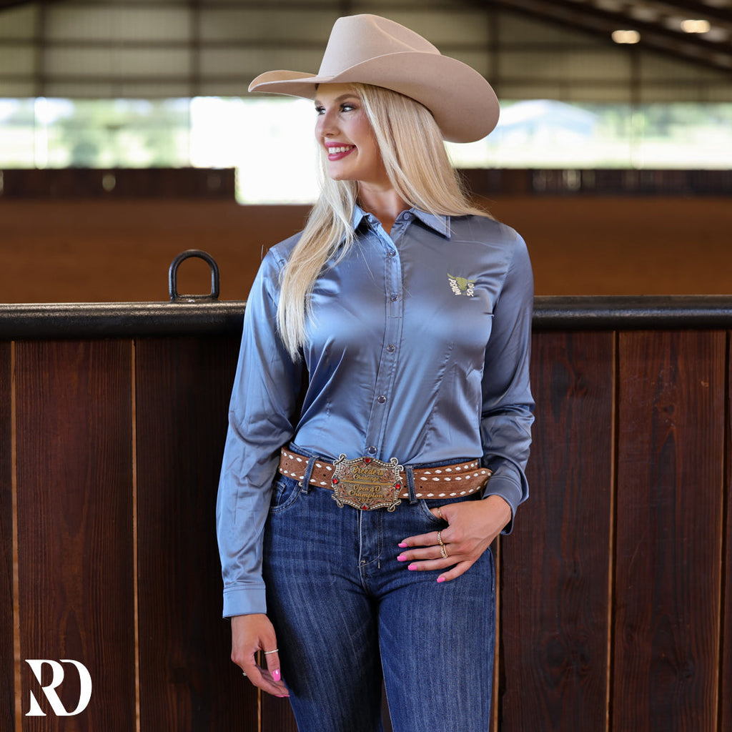 He Owns The Cattle Dusty Blue Satin Performance Rodeo Shirt — view 4