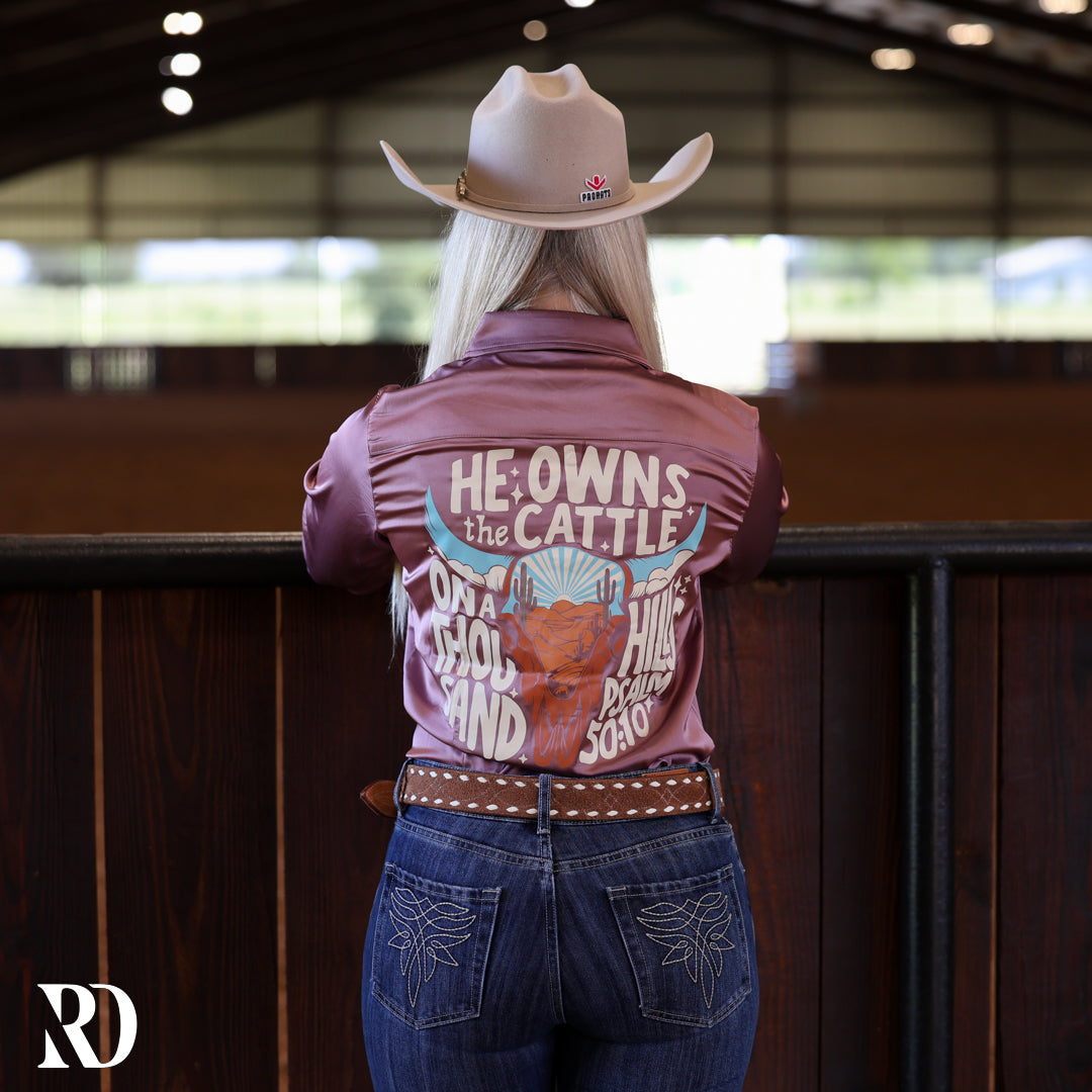 He Owns The Cattle Mauve Satin Performance Rodeo Shirt — view 2