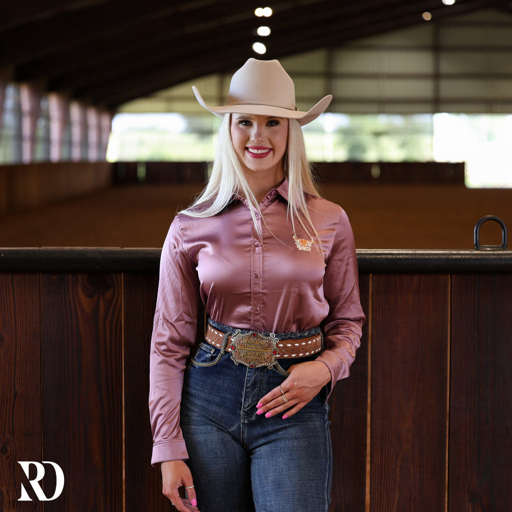 He Owns The Cattle Mauve Satin Performance Rodeo Shirt