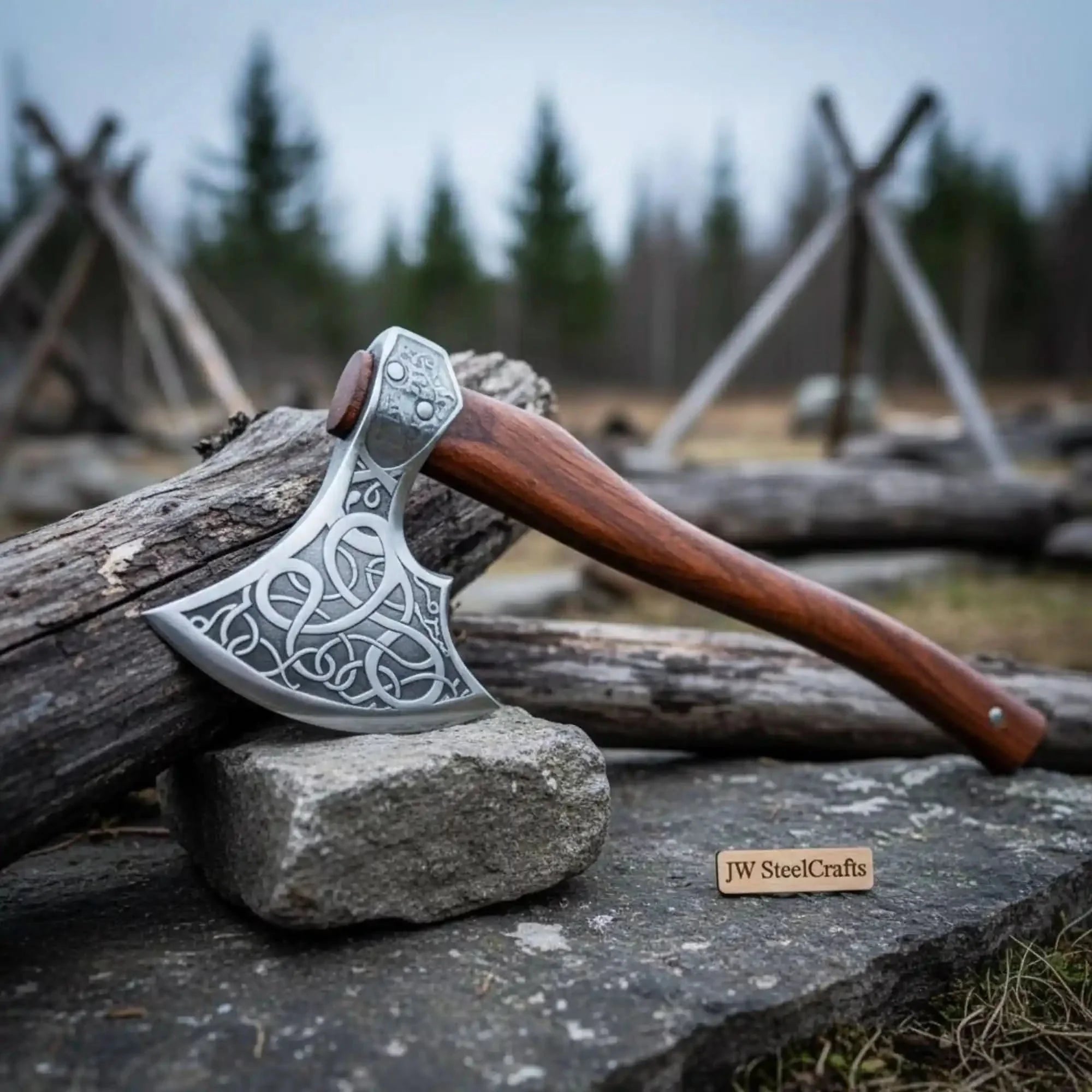 Viking Celtic Knot Hatchet with Full Cheek Knotwork Engraving