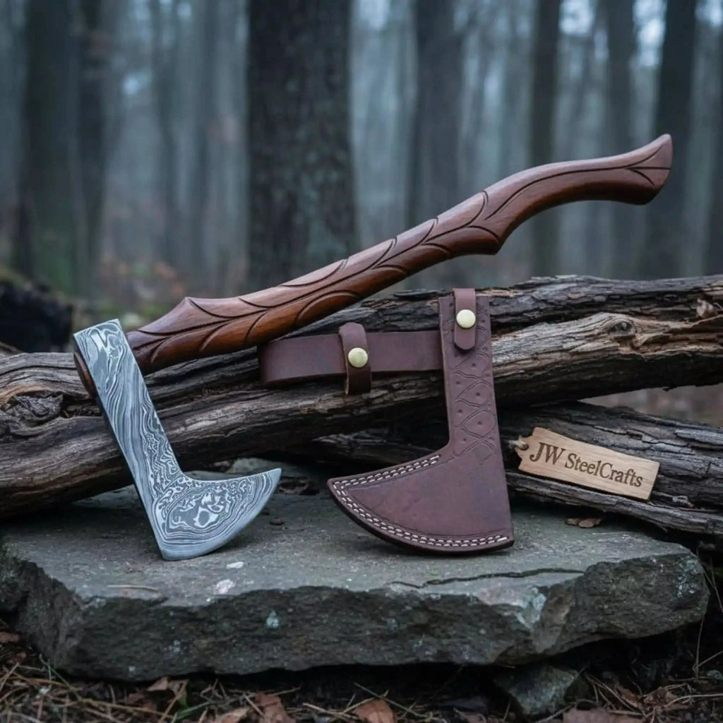 Custom Handmade Damascus steel Viking axe With Pure Leather sheath