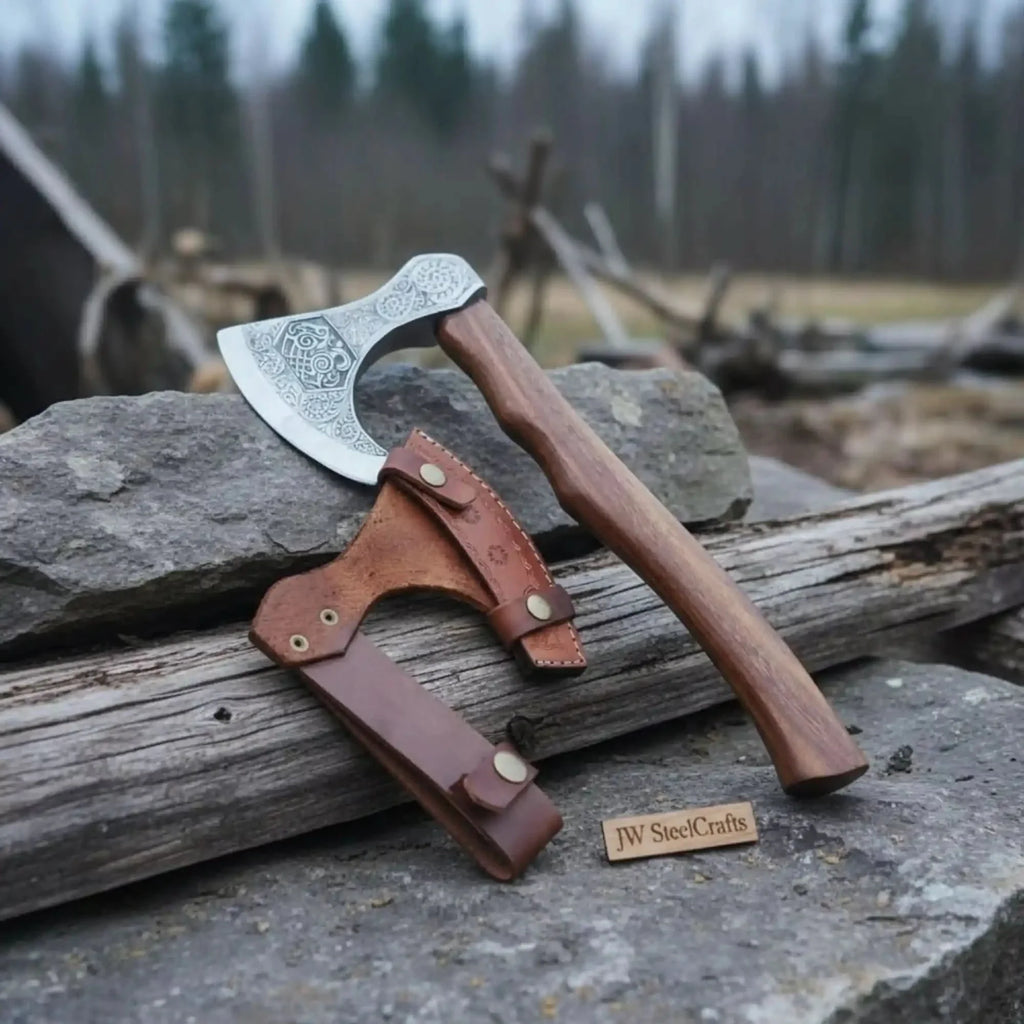 Norse Pattern Acid Etched Bushcraft Belt Viking Bearded Axe with Leather Carry Sheath