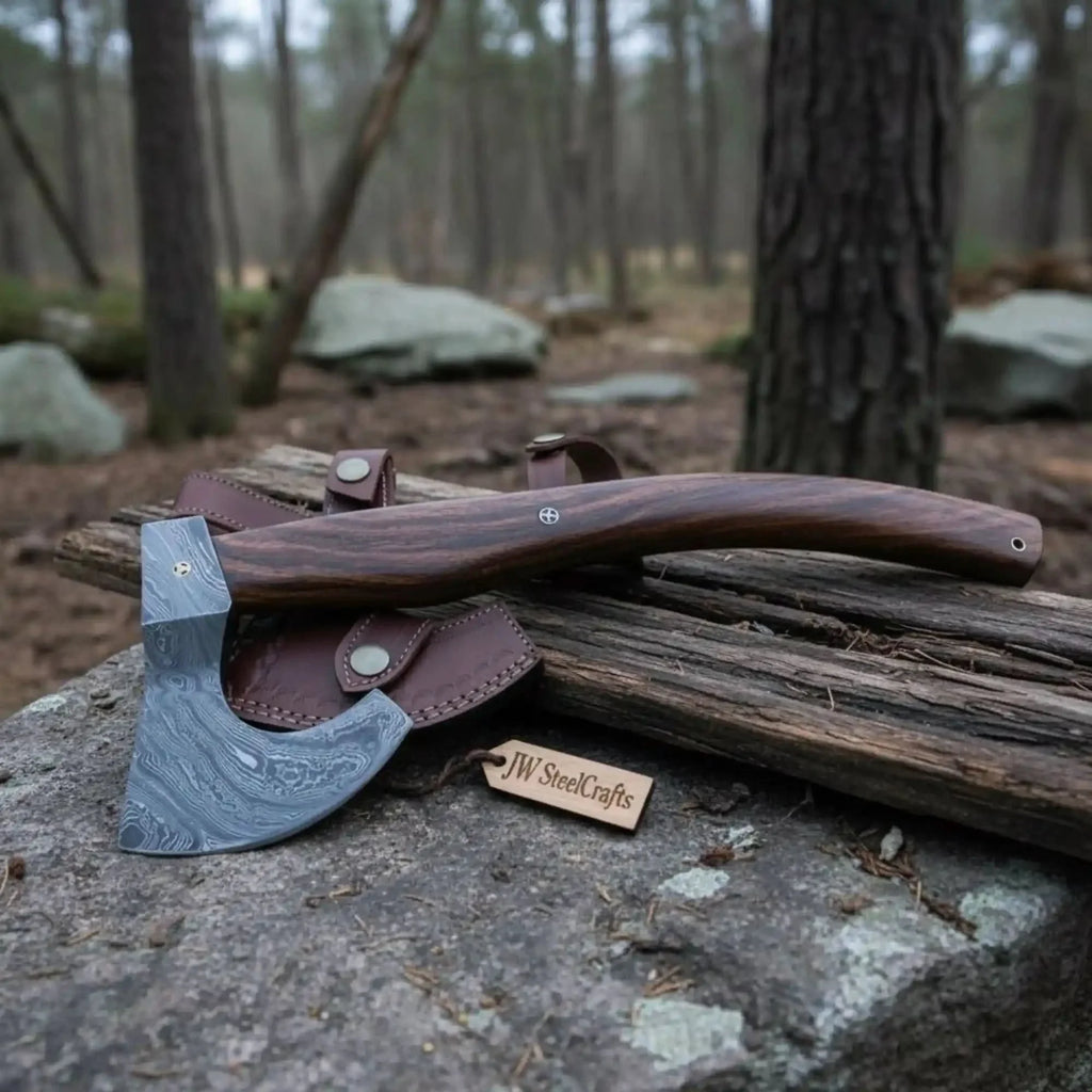 Vornska Damascus Bushcraft Hatchet with Hooked Bearded Head