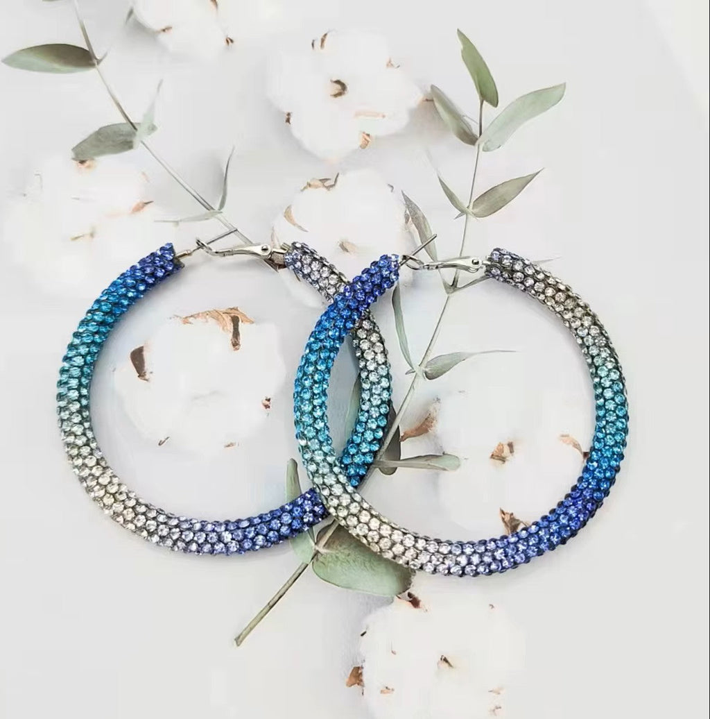 Blue, Green and Clear Western Bling Hoop Fashion Earrings