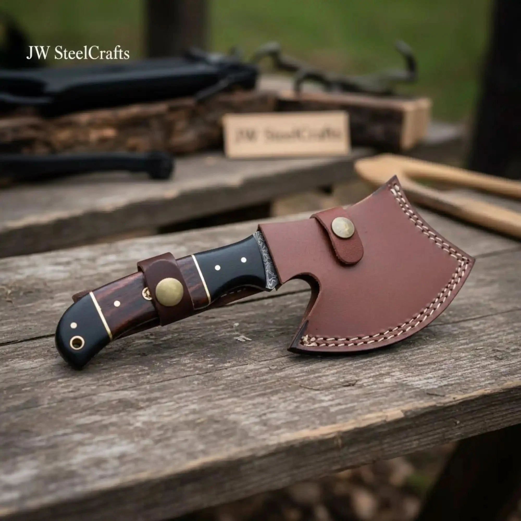Kaelwyn Damascus Cleaver Hatchet with Layered Wood Scales