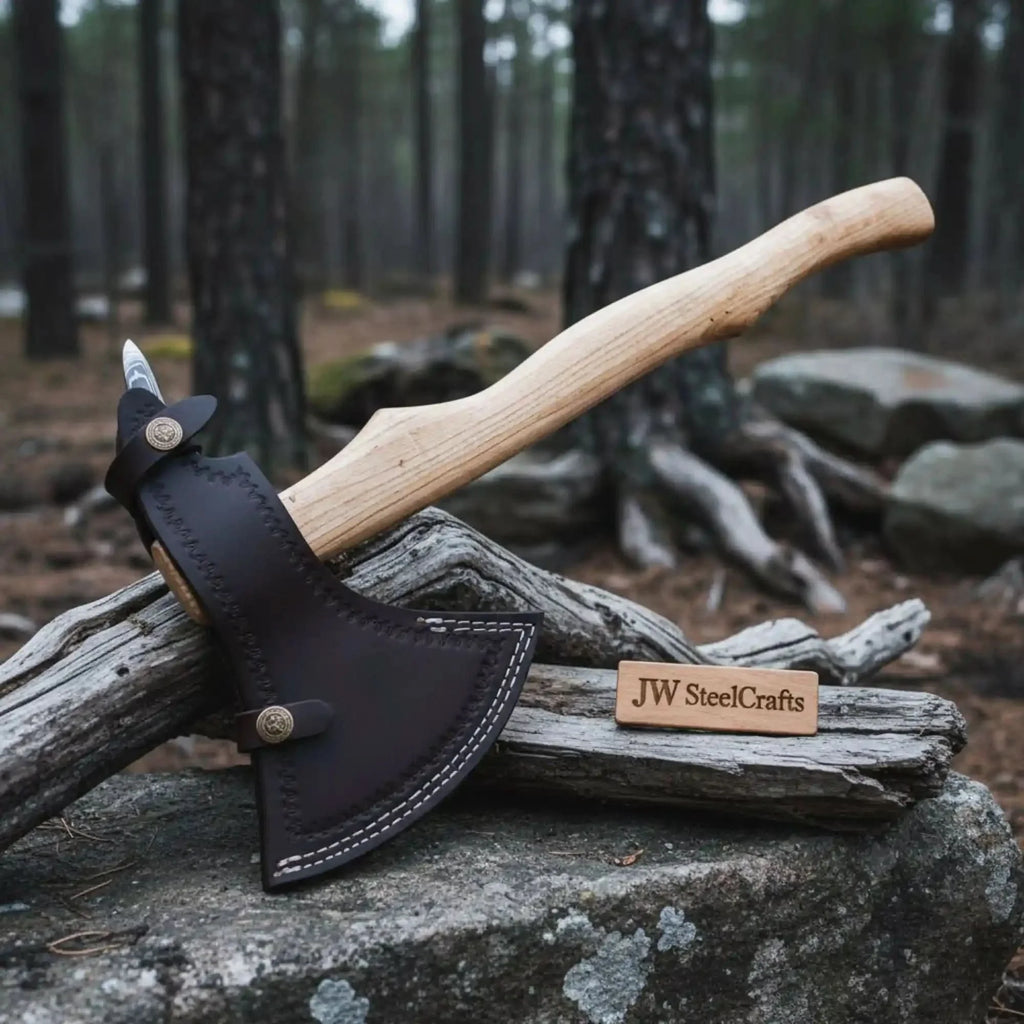 Damascus Camping Axe with 22 Inch Ash Handle – Hand Forged Bushcraft Axe with Leather Sheath | JW SteelCrafts