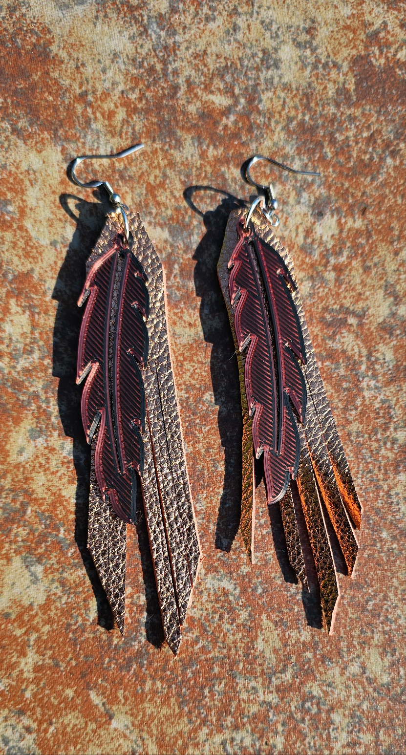 3D Printed Feather Leather Fringe Earrings Made in America by Baha Ranch Western Wear