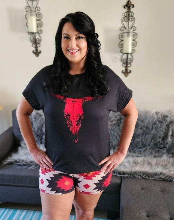 Baha Ranch Red Aztec Bull Women's Western Top and Short Pajama Set by Baha Ranch Western Wear