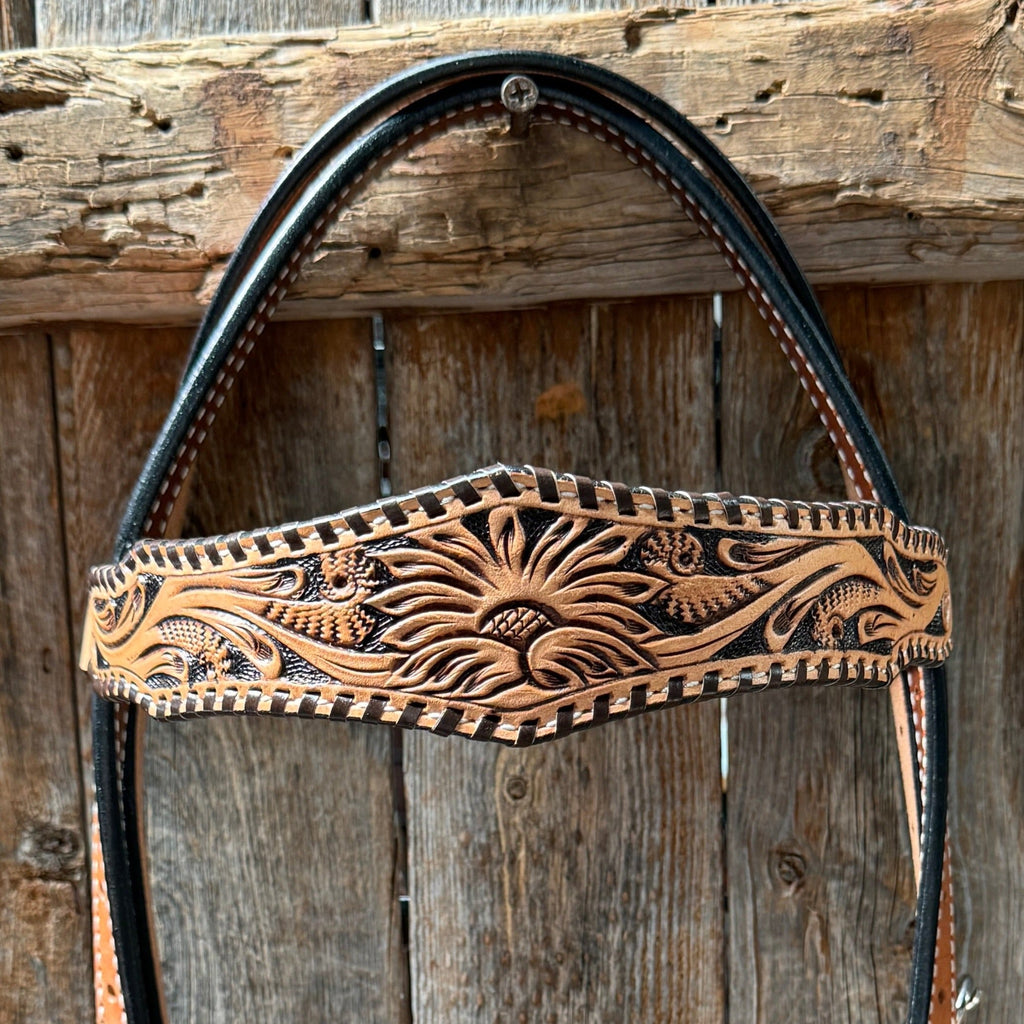 Light Oil Floral Whipstitch Browband Headstall / Bridle #24386 — view 2