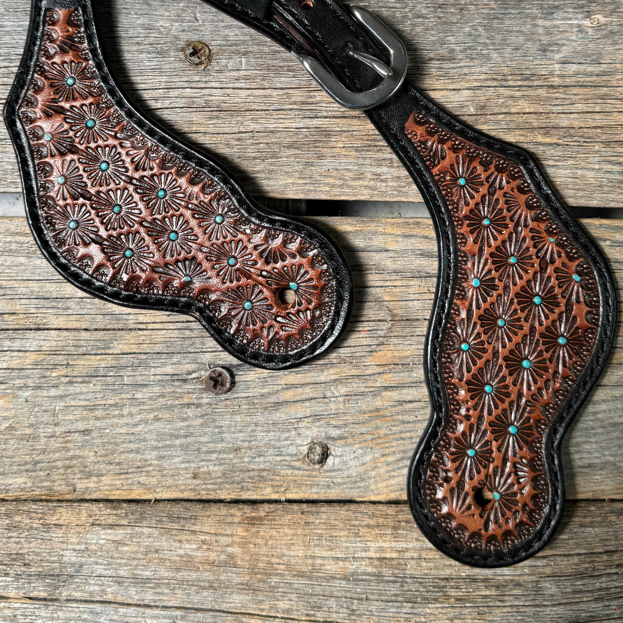 Teal Dot Diamond Tooled Spur Straps — view 2