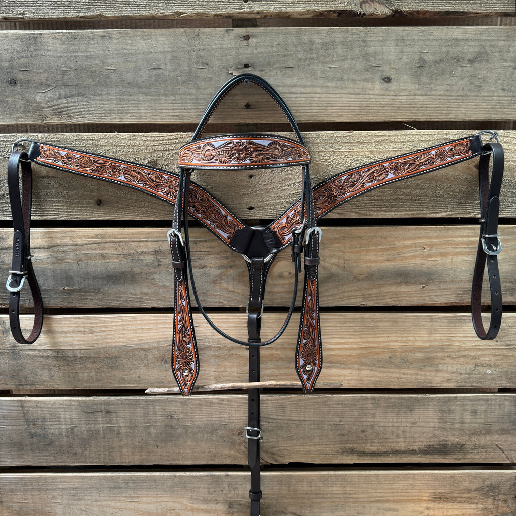 Hand Painted Floral Browband / One Ear Breastcollar Tack Set