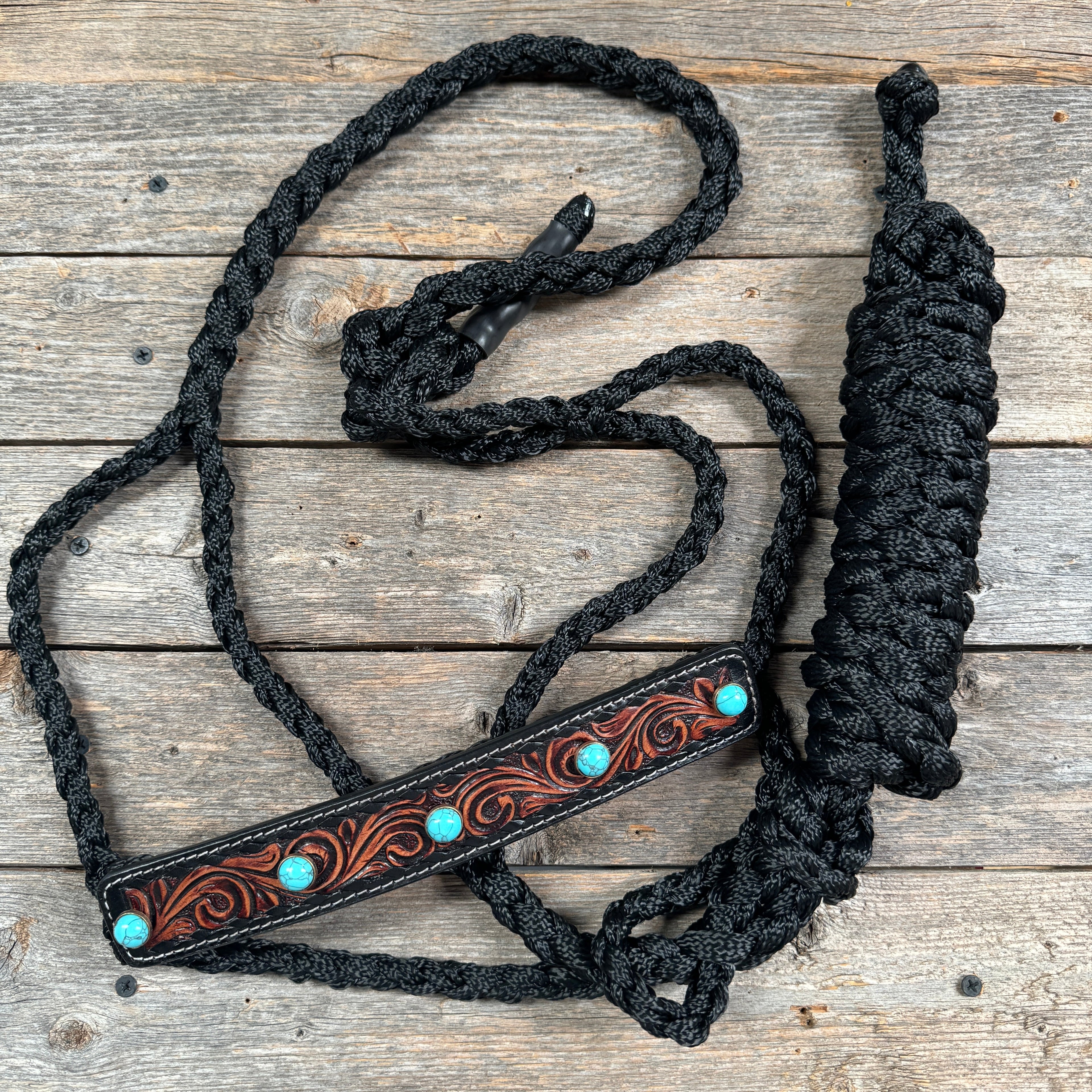Mule Tape Halter - Leather Noseband and Round Turquoise Cabochon Conchos — view 2
