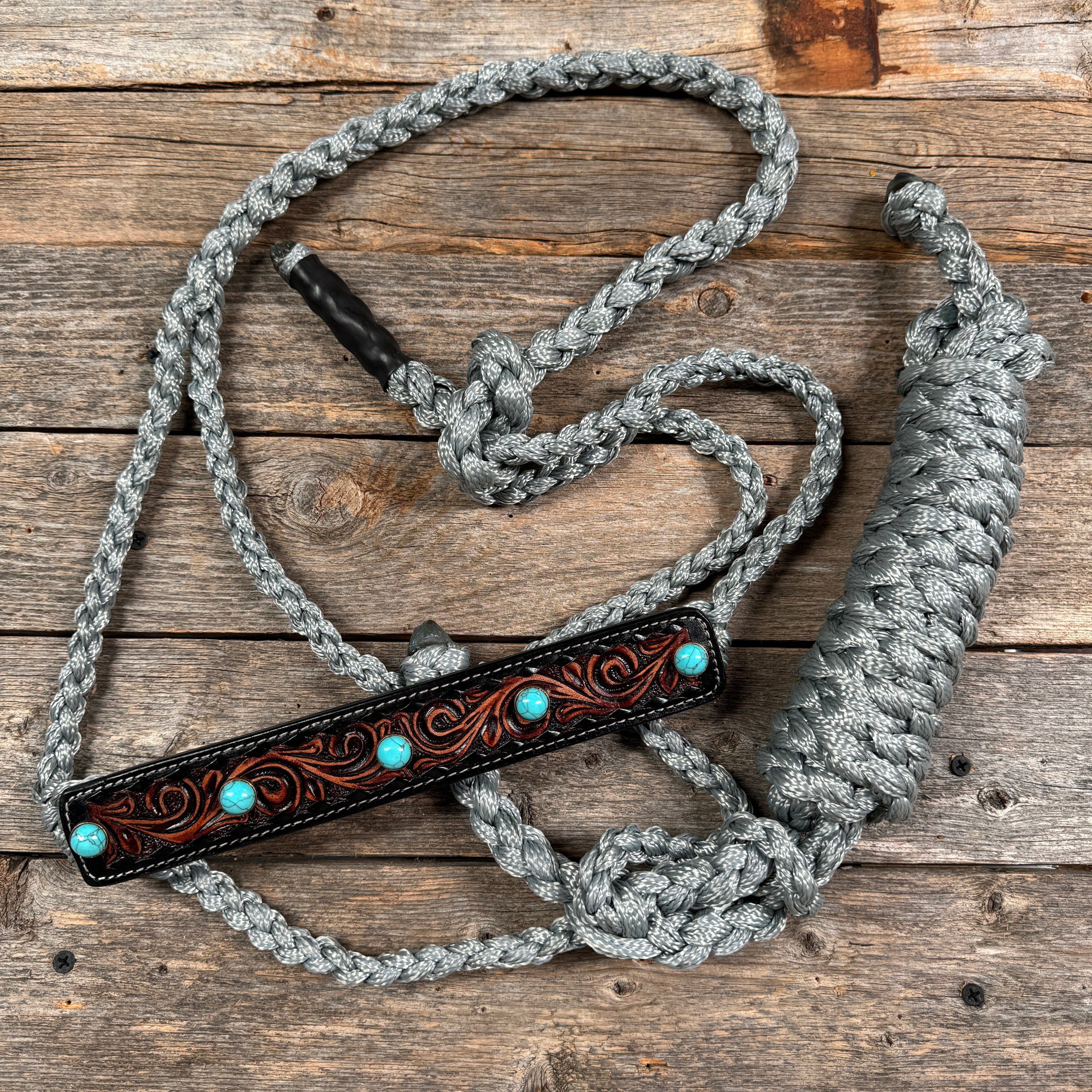Mule Tape Halter - Leather Noseband and Round Turquoise Cabochon Conchos — view 4