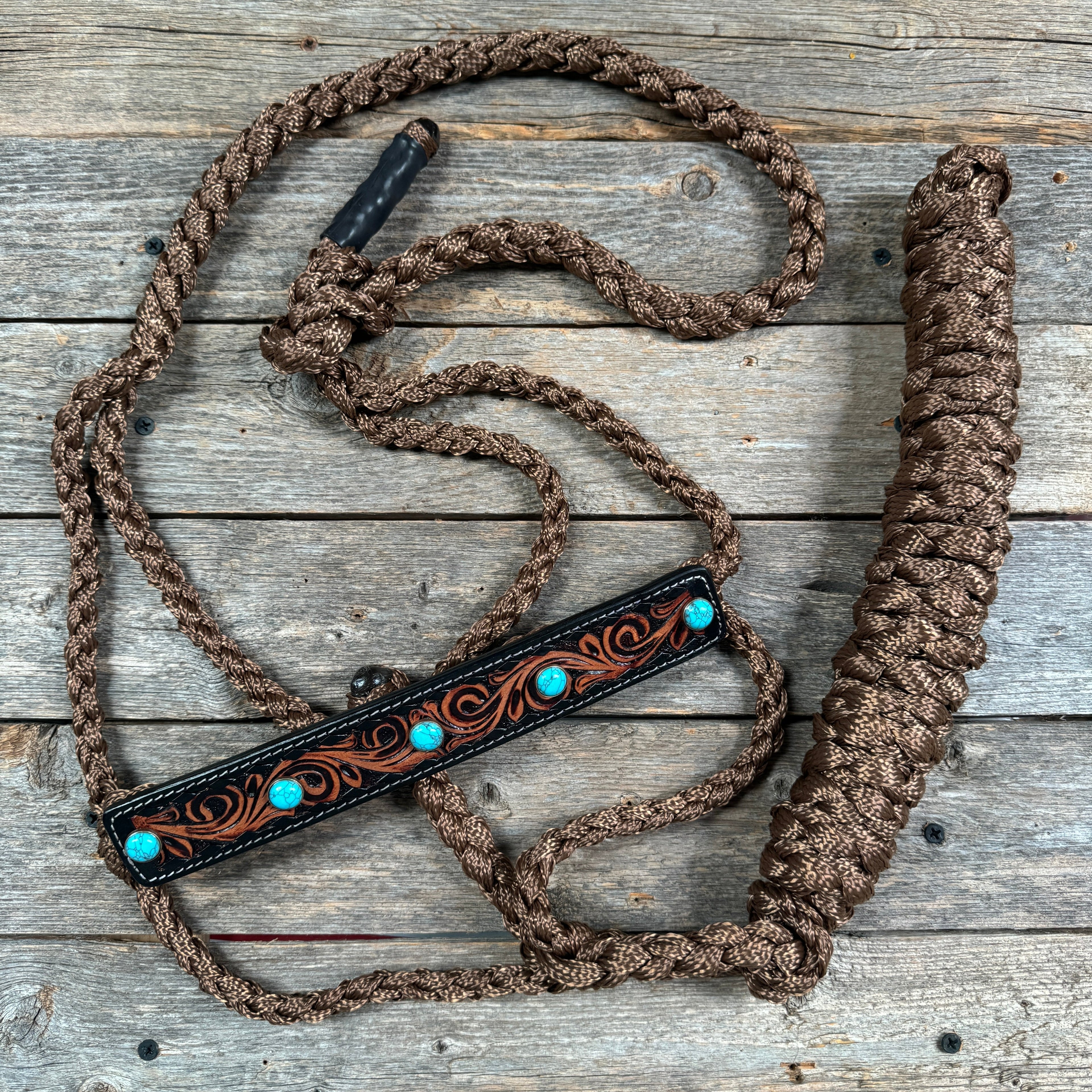 Mule Tape Halter - Leather Noseband and Round Turquoise Cabochon Conchos — view 5