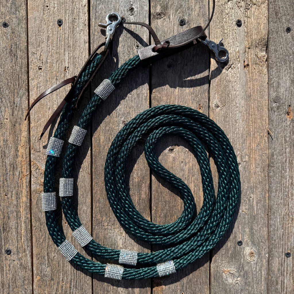 Emerald Nylon Barrel Racing Reins with Rhinestones #BNR108
