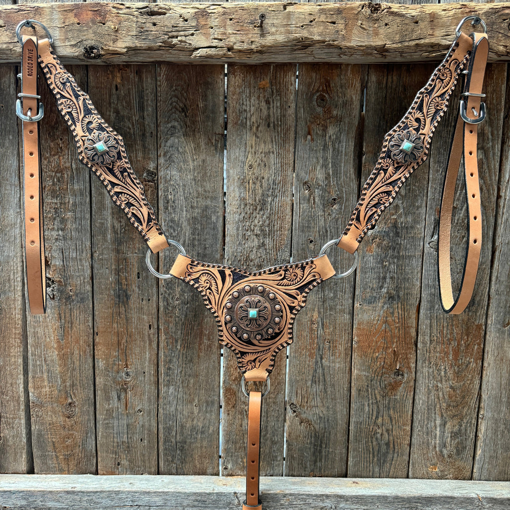 Light Oil Floral Whipstitch and Turquoise Browband/ One Ear Triangle / Gladiator Breastcollar Tack Set #BBBC641 — view 8