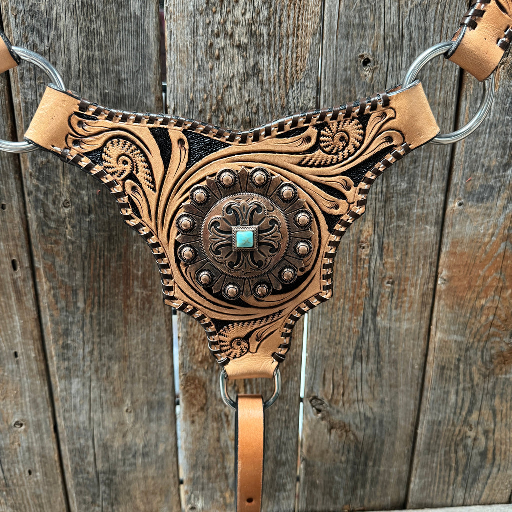 Light Oil Floral Whipstitch and Turquoise Browband/ One Ear Triangle / Gladiator Breastcollar Tack Set #BBBC641 — view 9