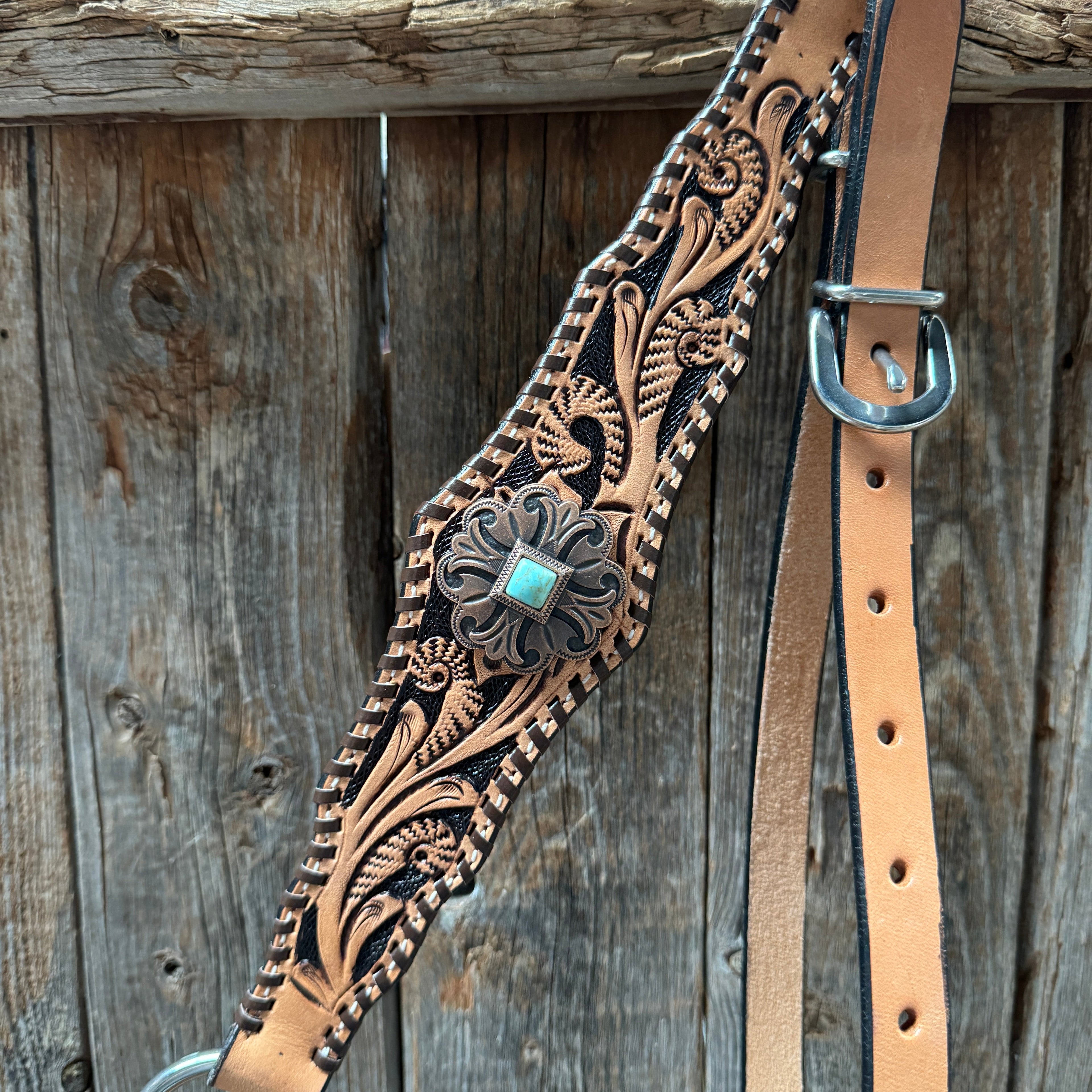 Light Oil Floral Whipstitch and Turquoise Browband/ One Ear Triangle / Gladiator Breastcollar Tack Set #BBBC641 — view 10