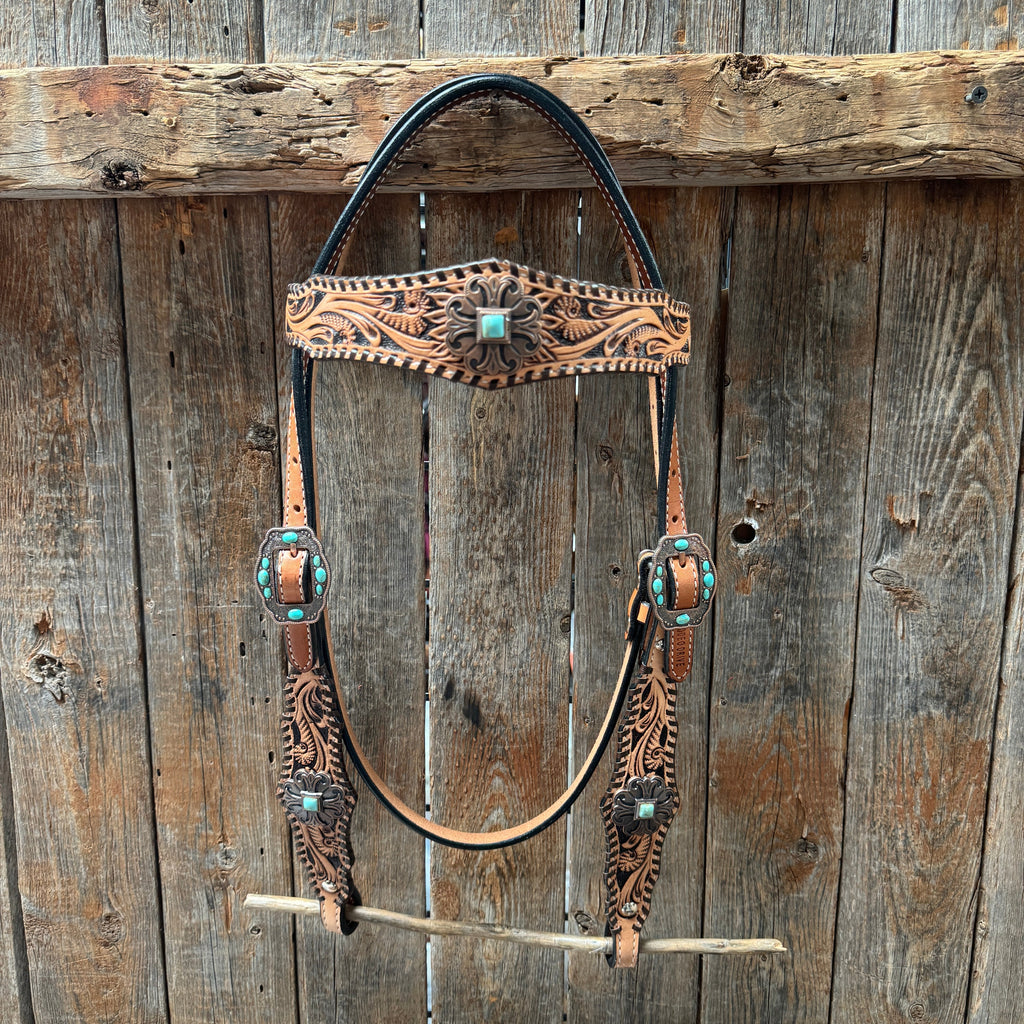 Light Oil Floral Whipstitch and Turquoise Browband/ One Ear Triangle / Gladiator Breastcollar Tack Set #BBBC641 — view 3