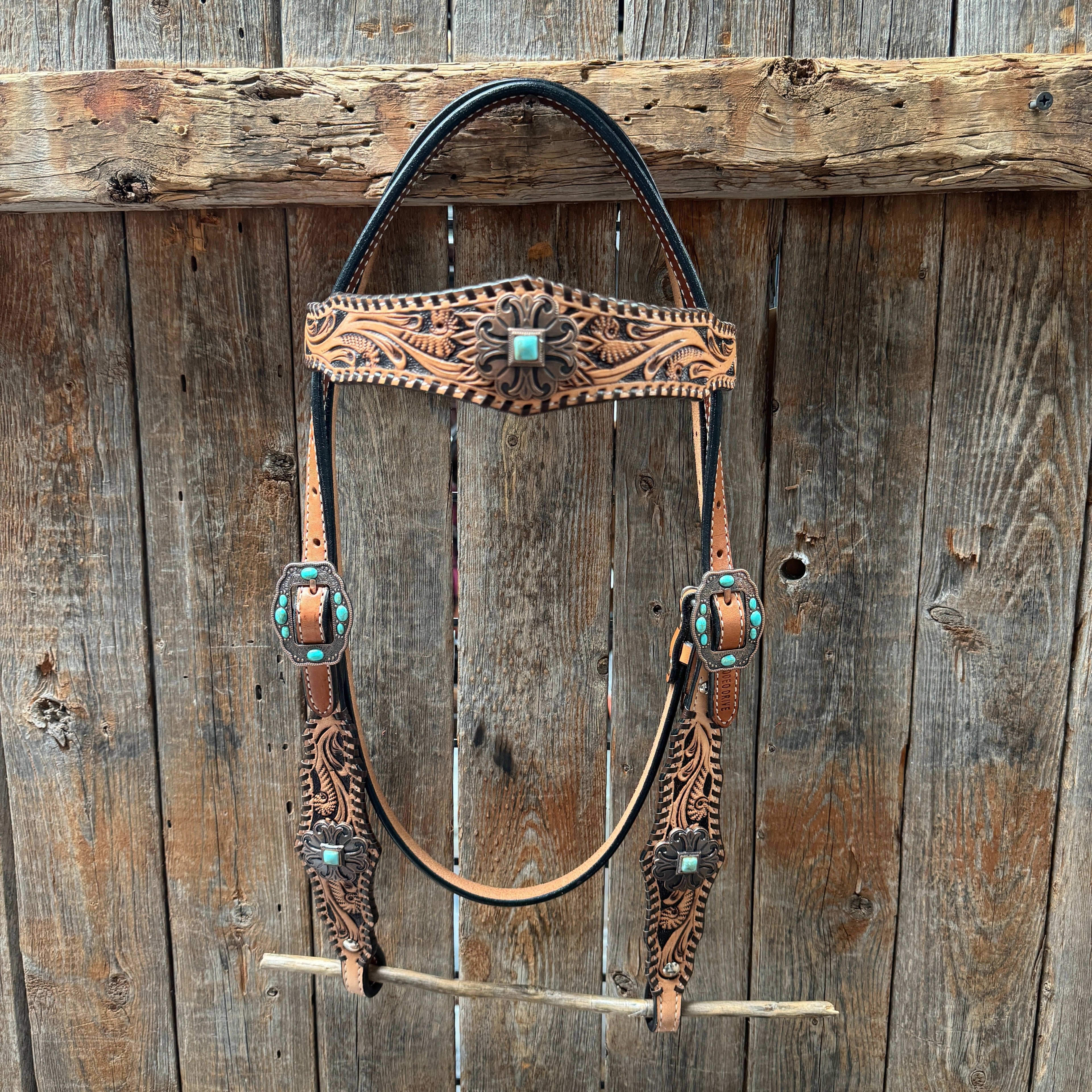 Light Oil Floral Whipstitch and Turquoise Browband/ One Ear Triangle / Gladiator Breastcollar Tack Set #BBBC641 — view 3