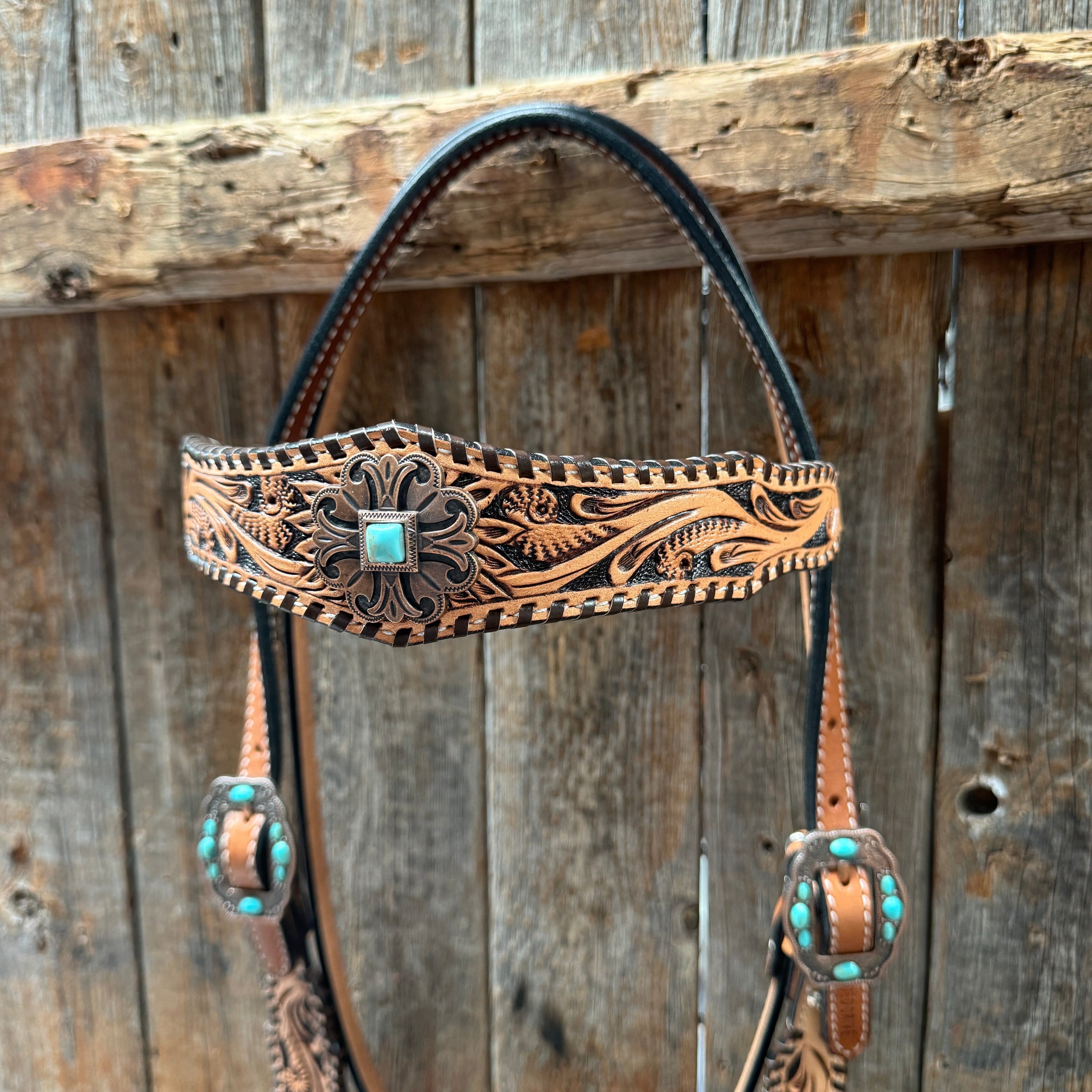 Light Oil Floral Whipstitch and Turquoise Browband/ One Ear Triangle / Gladiator Breastcollar Tack Set #BBBC641 — view 4