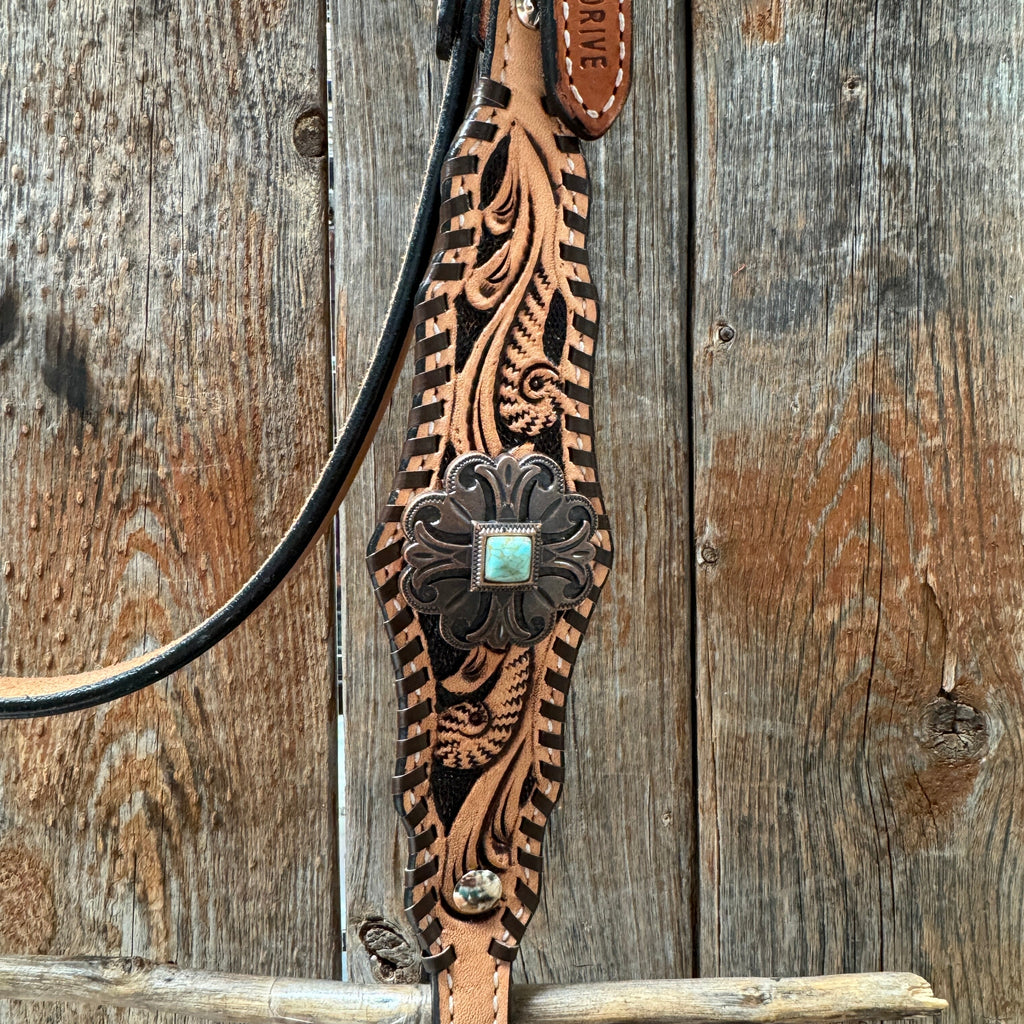Light Oil Floral Whipstitch and Turquoise Browband/ One Ear Triangle / Gladiator Breastcollar Tack Set #BBBC641 — view 5