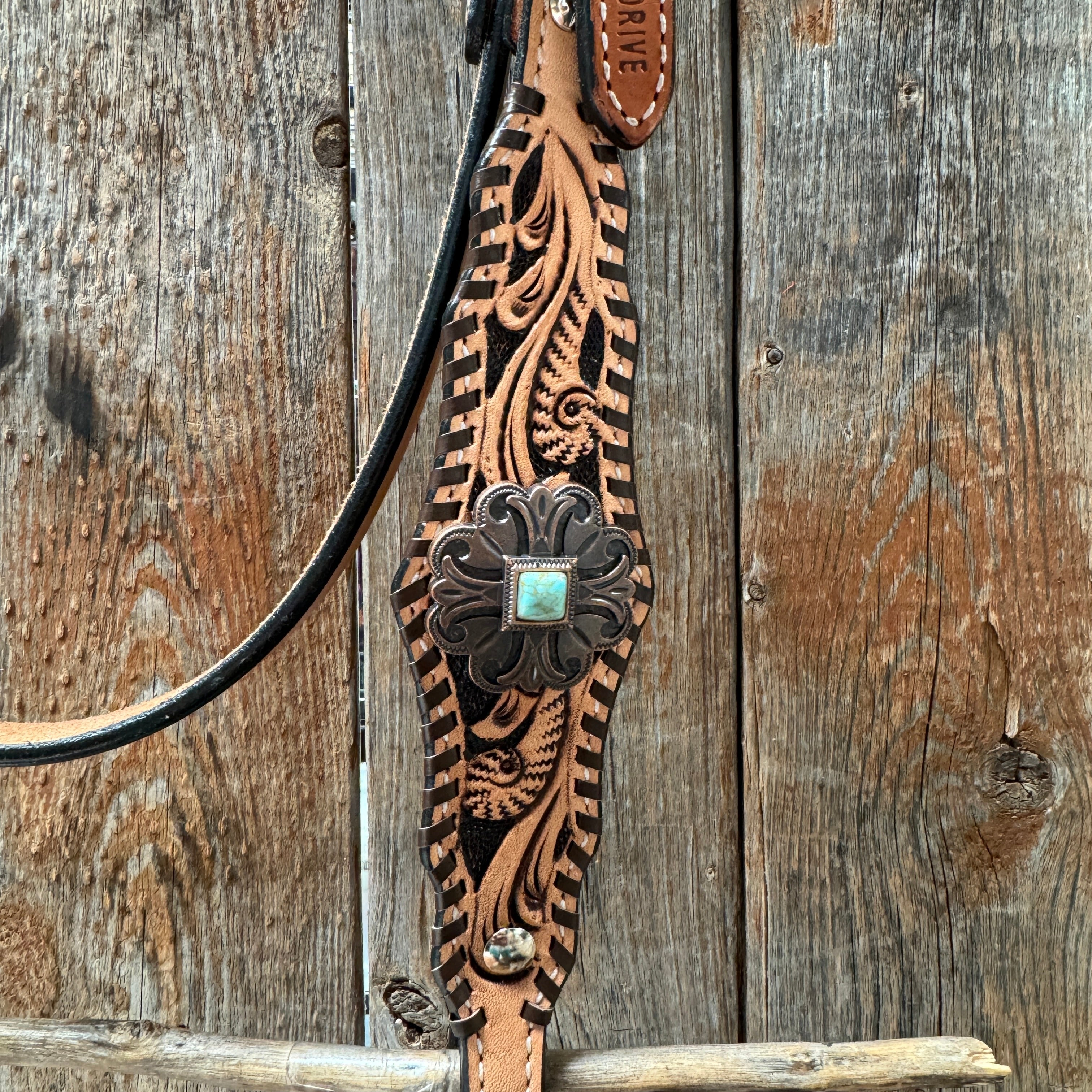 Light Oil Floral Whipstitch and Turquoise Browband/ One Ear Triangle / Gladiator Breastcollar Tack Set #BBBC641 — view 5