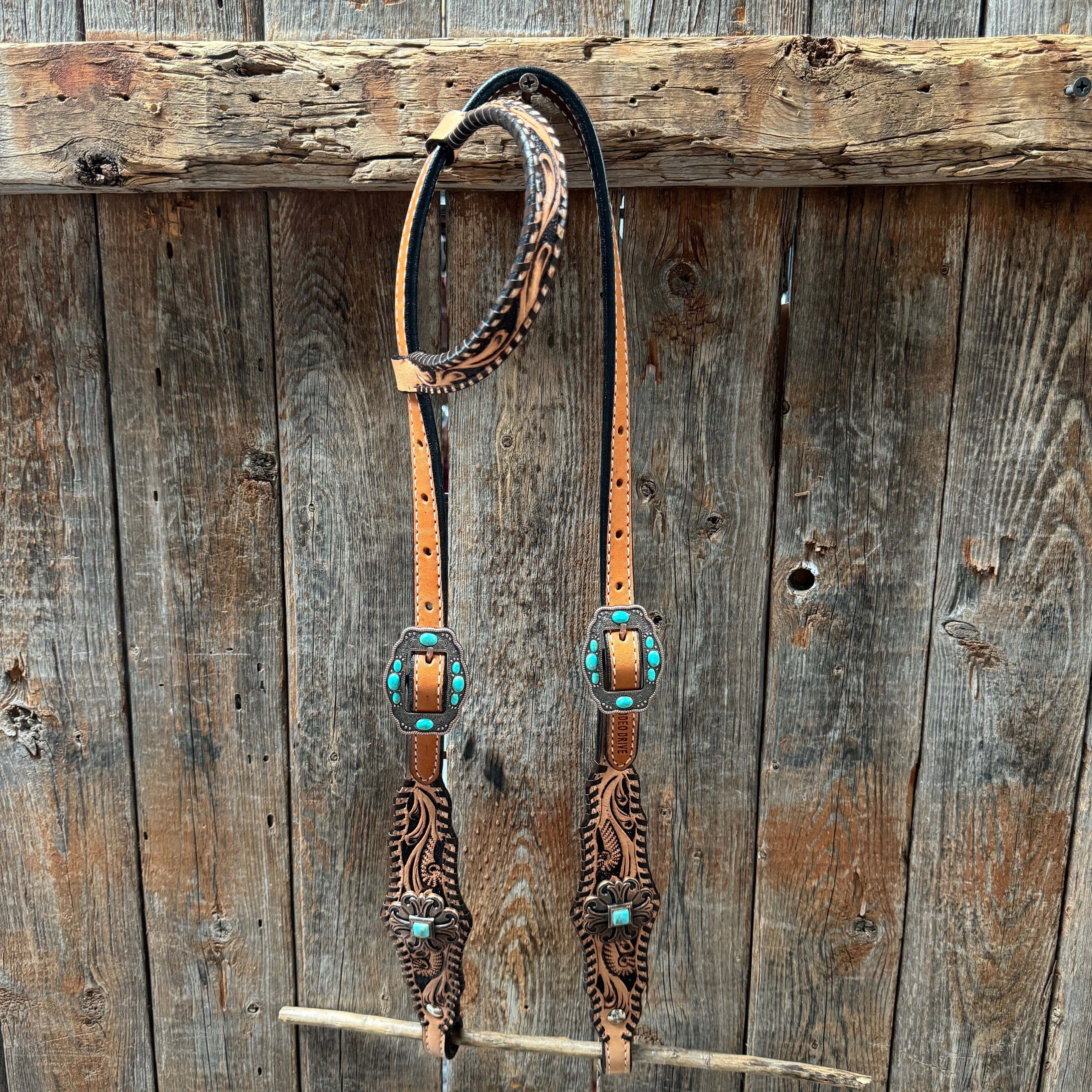 Light Oil Floral Whipstitch and Turquoise Browband/ One Ear Triangle / Gladiator Breastcollar Tack Set #BBBC641 — view 6