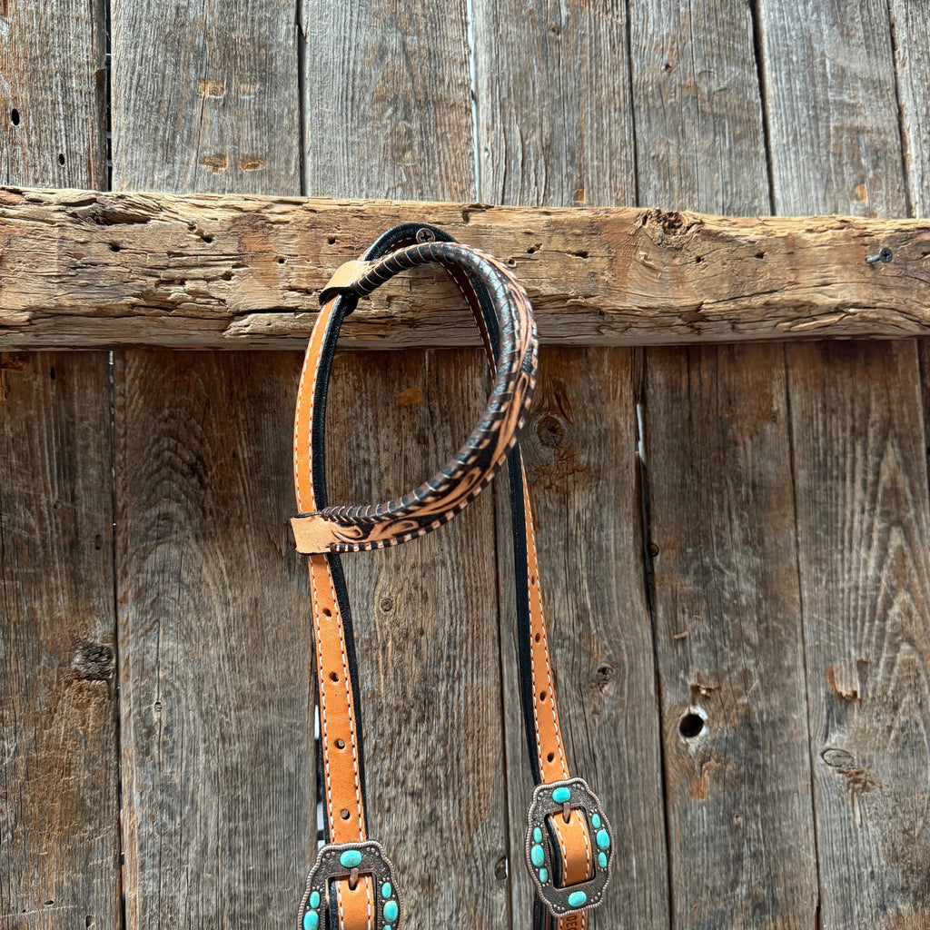 Light Oil Floral Whipstitch and Turquoise Browband/ One Ear Triangle / Gladiator Breastcollar Tack Set #BBBC641 — view 7