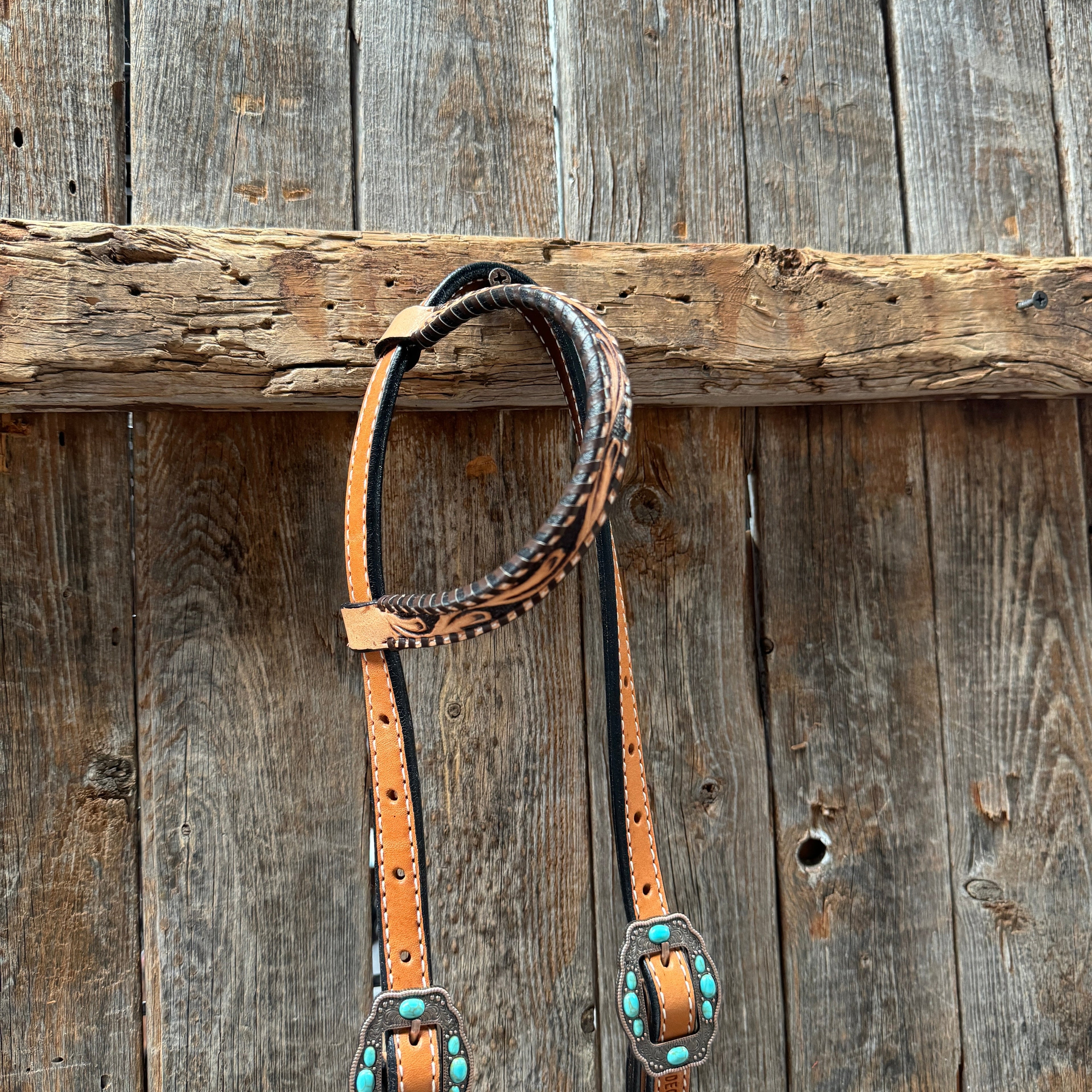 Light Oil Floral Whipstitch and Turquoise Browband/ One Ear Triangle / Gladiator Breastcollar Tack Set #BBBC641 — view 7