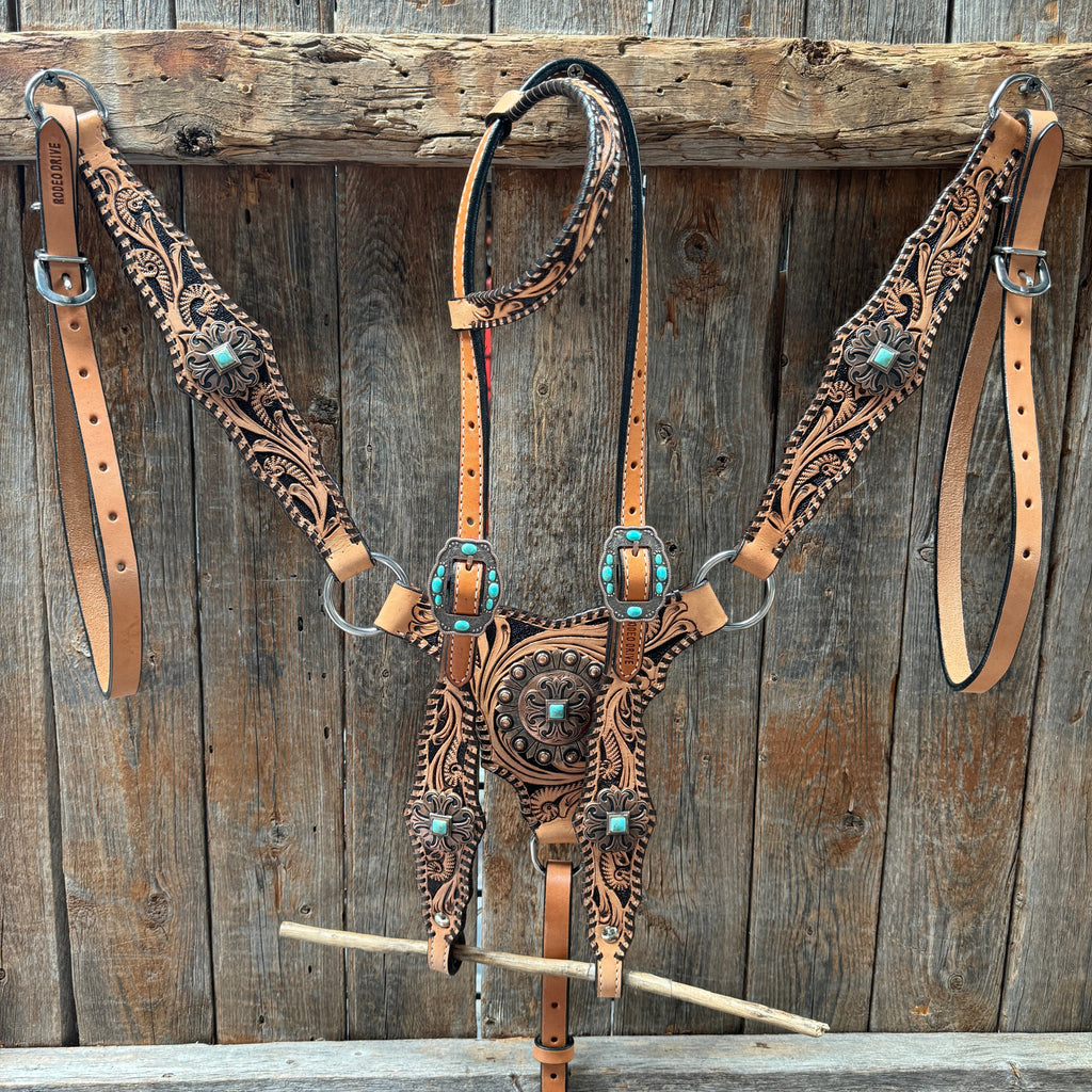 Light Oil Floral Whipstitch and Turquoise Browband/ One Ear Triangle / Gladiator Breastcollar Tack Set #BBBC641 — view 2