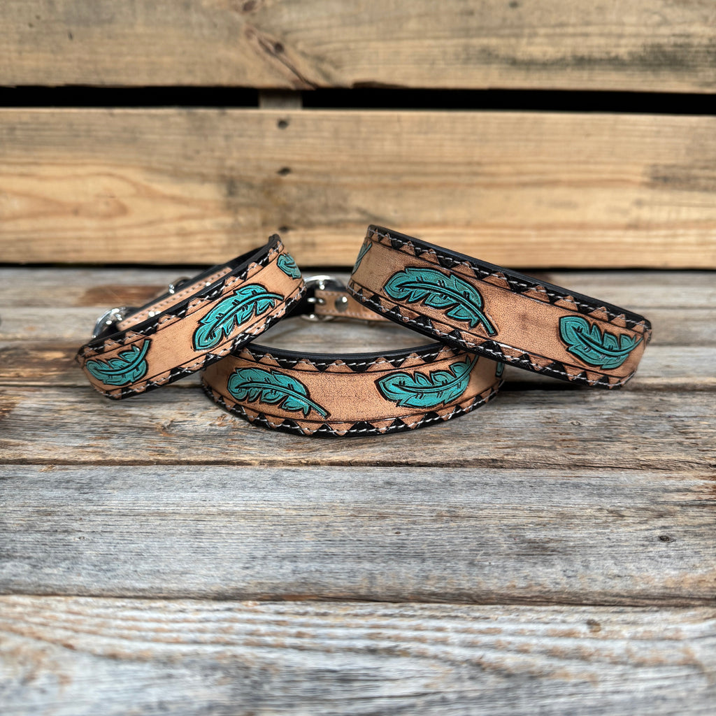 Turquoise Feather Genuine Leather Padded Dog Collar #FKDC4