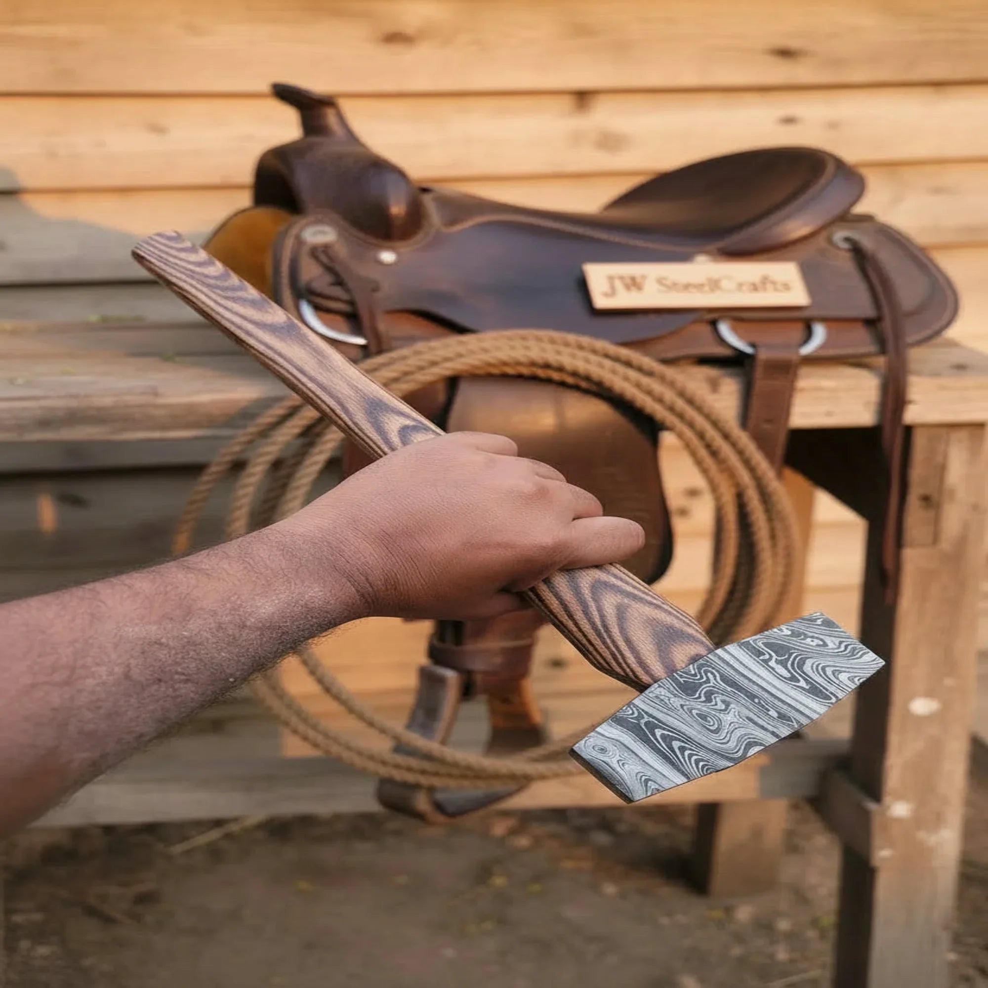 Octagonal Damascus Drilling Hammer with Natural Wood Handle