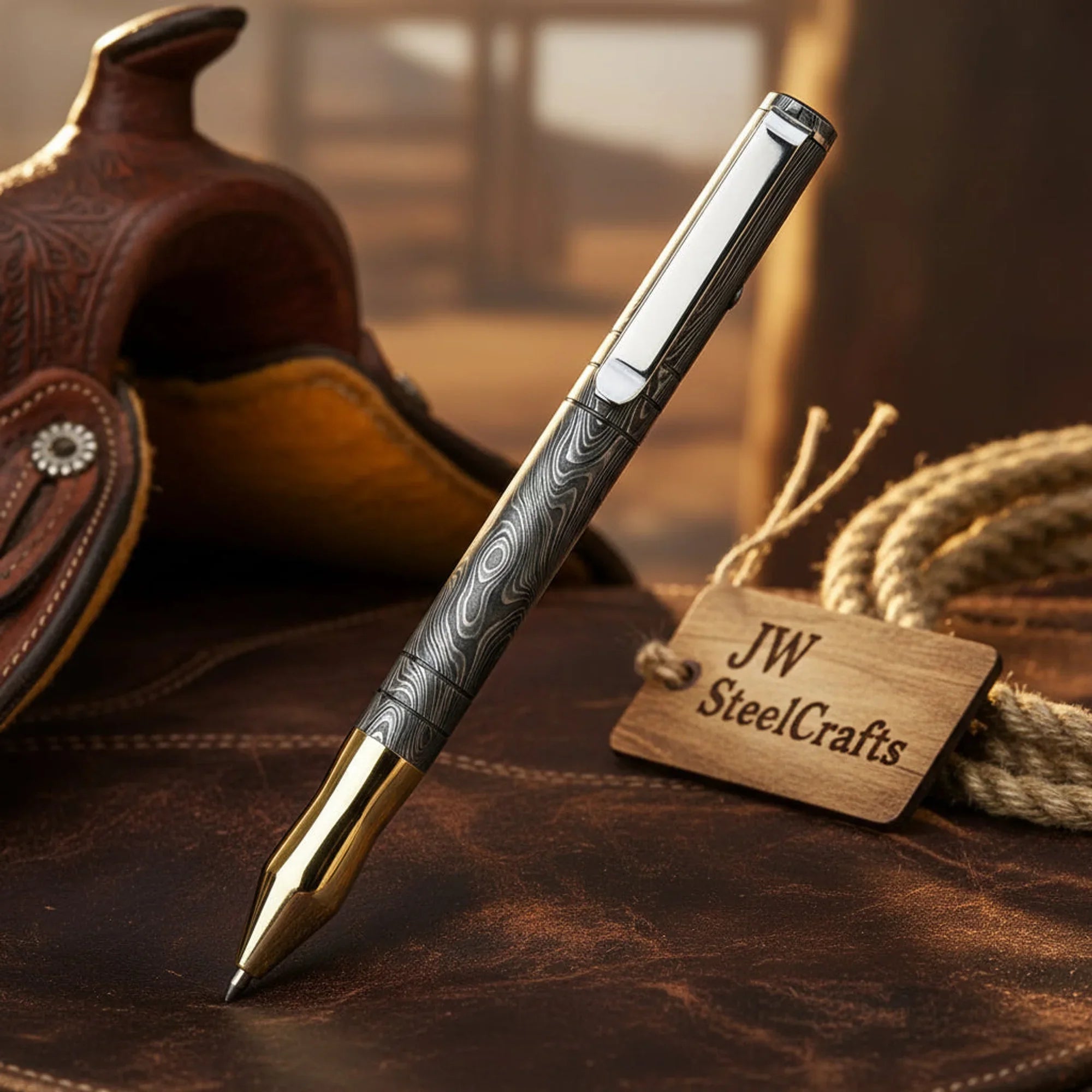 Damascus Twist Executive Pen with Wood Grain Barrel