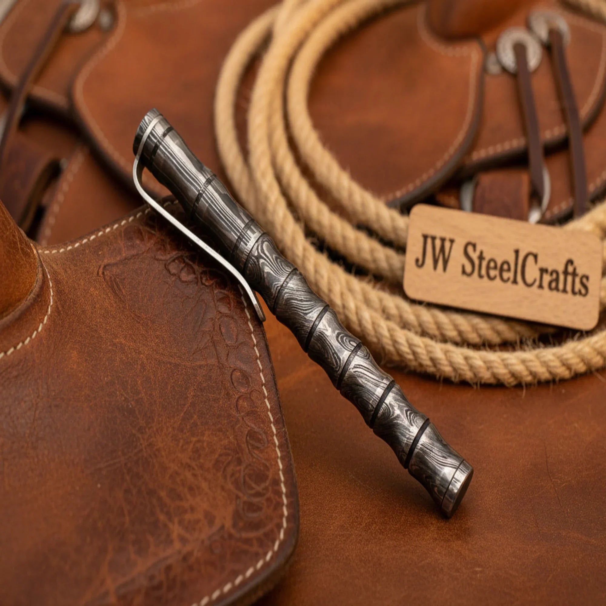 Bamboo Style Damascus Pen with Sculpted Node Body and Steel Clip