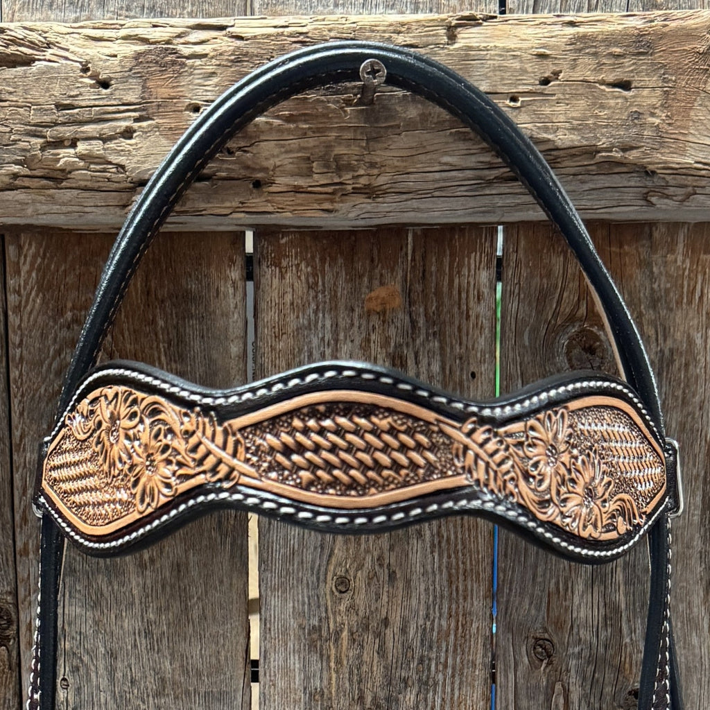 Two Tone Floral and Basketweave Browband Headstall / Bridle #FK400 — view 2