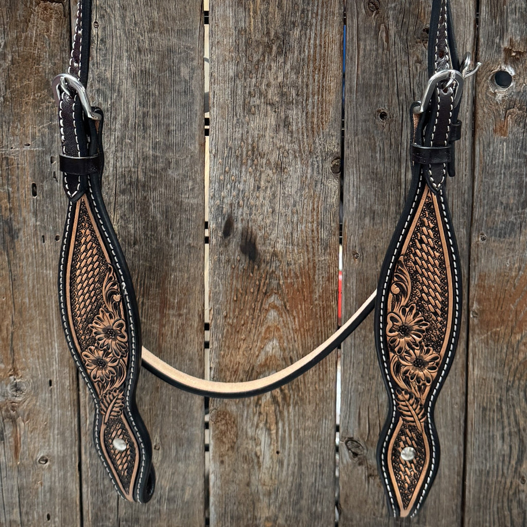 Two Tone Floral and Basketweave Browband Headstall / Bridle #FK400 — view 3
