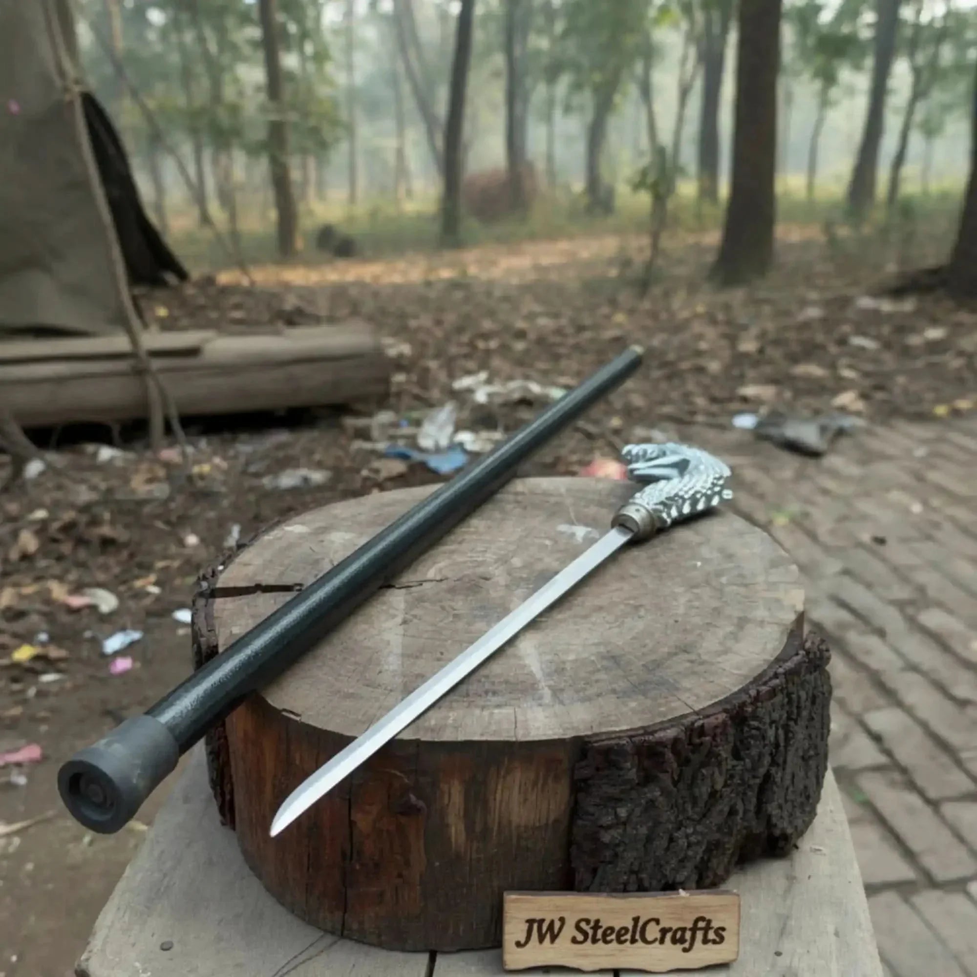 Handmade Cobra Head Sword Cane with Polished Steel Blade and Black Walking Shaft for Collection and Display