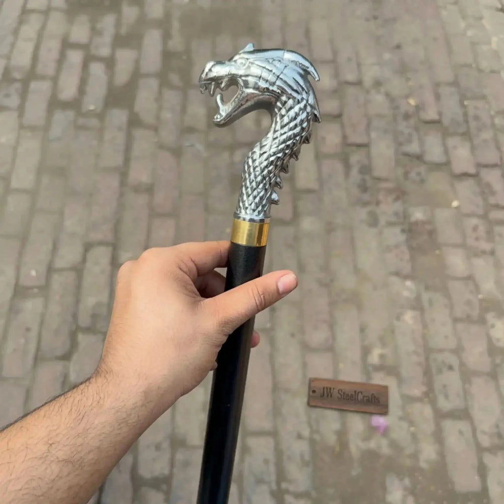 Handmade Cobra Head Sword Cane with Polished Steel Blade and Black Walking Shaft for Collection and Display