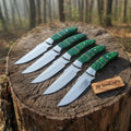 Hunting Skinner Knife Set Handmade 5-Piece J2 Steel Blades with Green Resin Handles